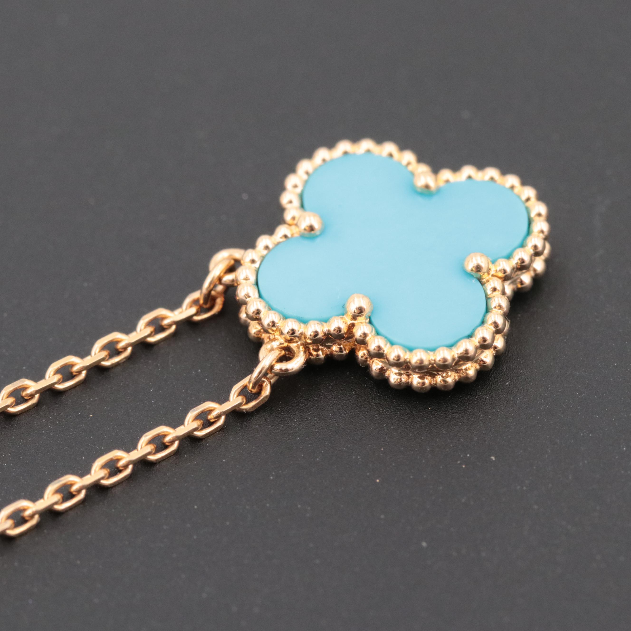 Van Cleef & Arpels 18K Yellow Gold "Alhambra" Turquoise Pendant Necklace