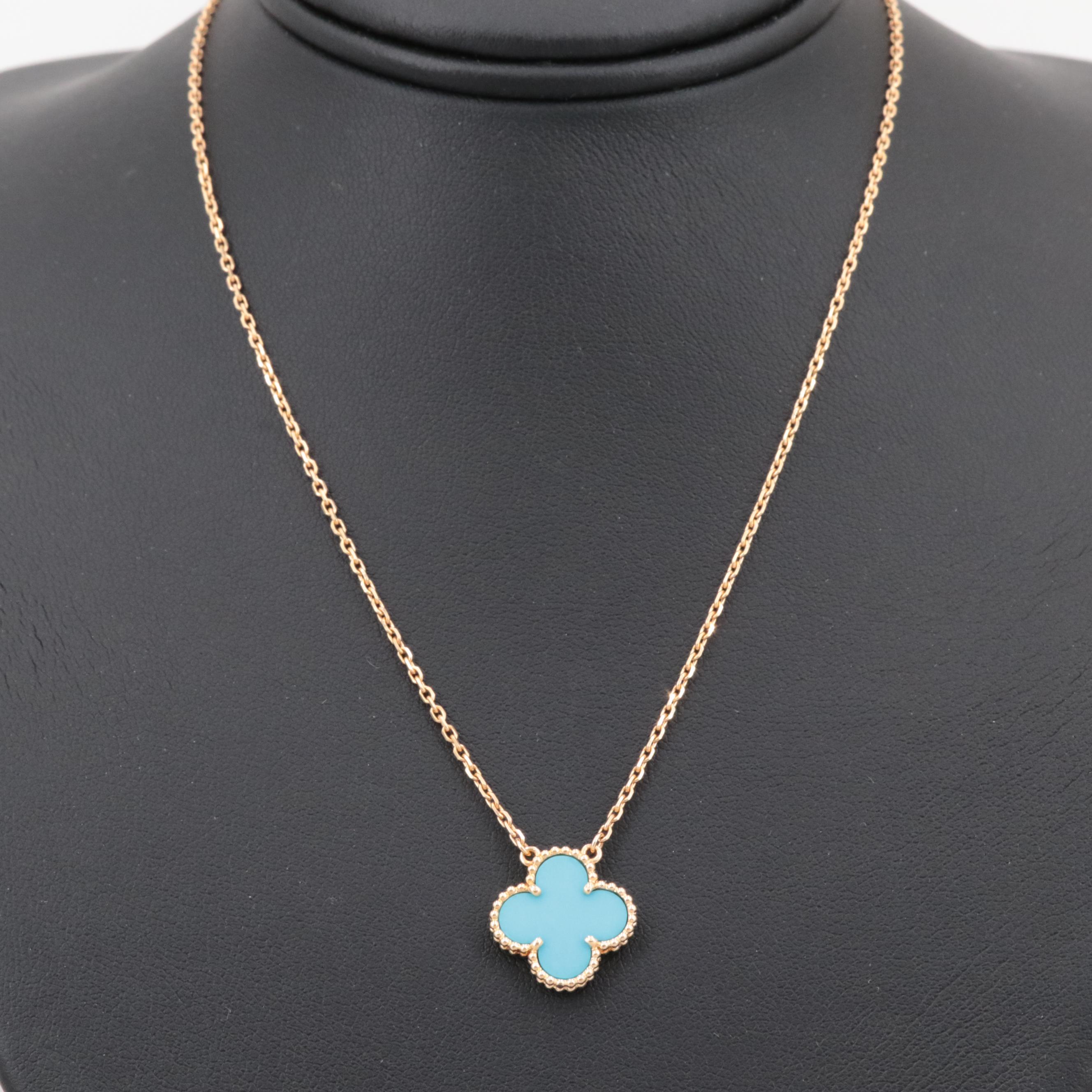 Van Cleef & Arpels 18K Yellow Gold "Alhambra" Turquoise Pendant Necklace