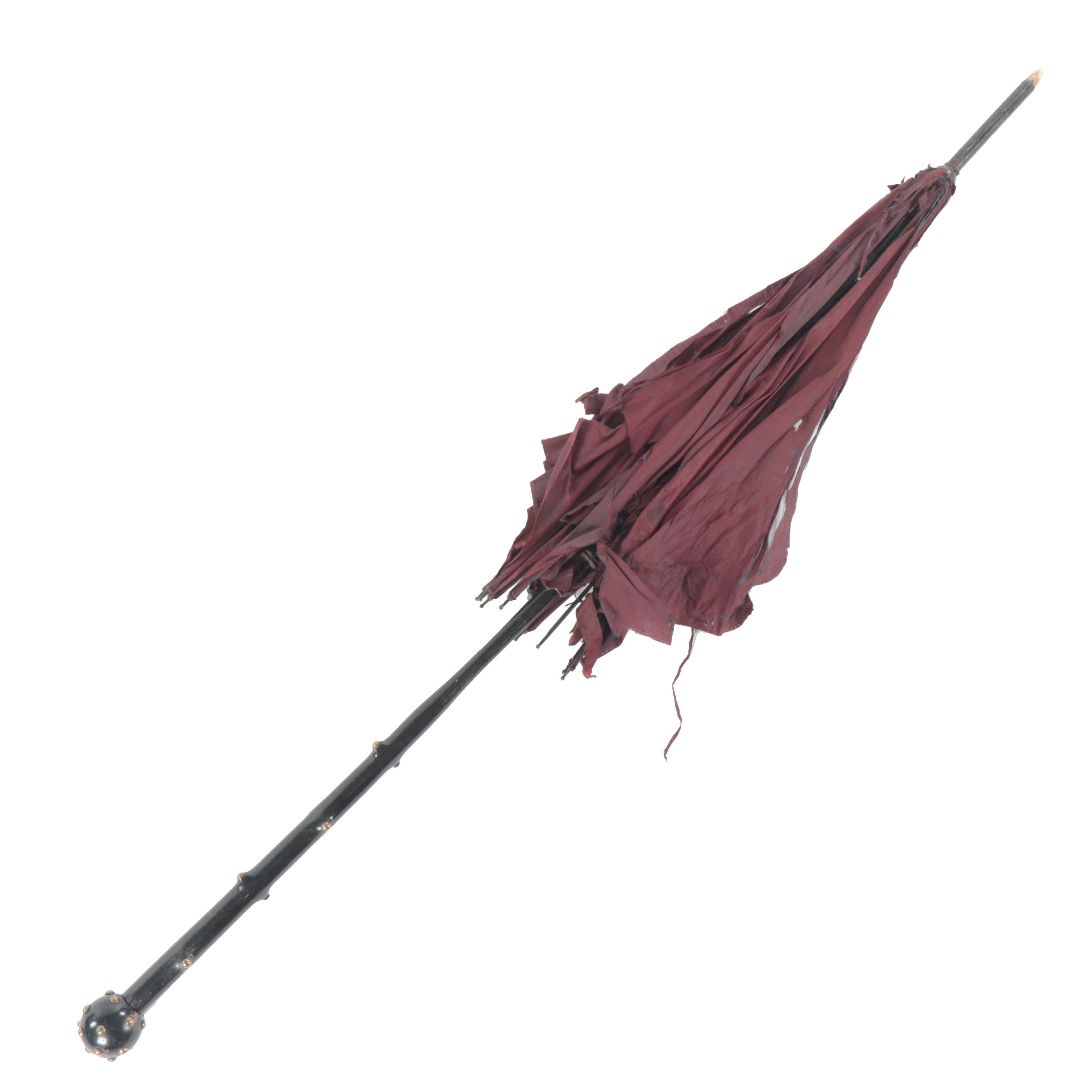 Silk Umbrella with Brass-Riveted Wooden Handle, Antique