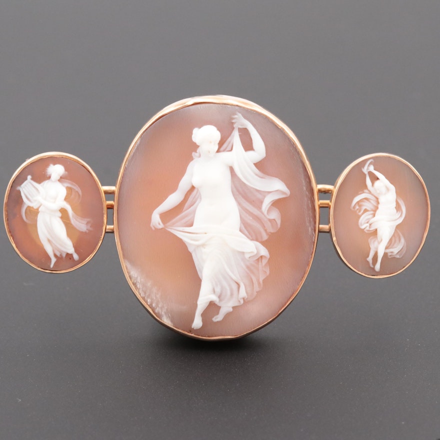 Antique 14K Rose Gold Carved Shell Triple Cameo Brooch