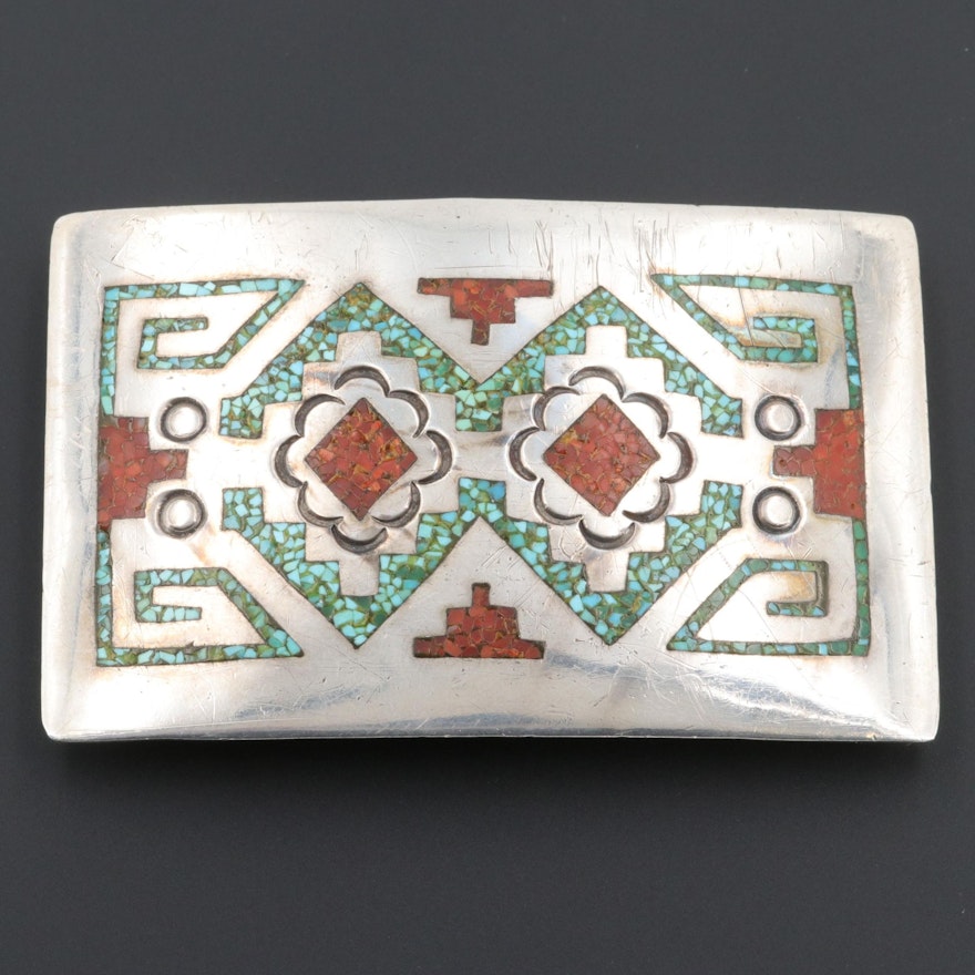 William Singer Navajo Diné Sterling Silver Turquoise and Coral Belt Buckle