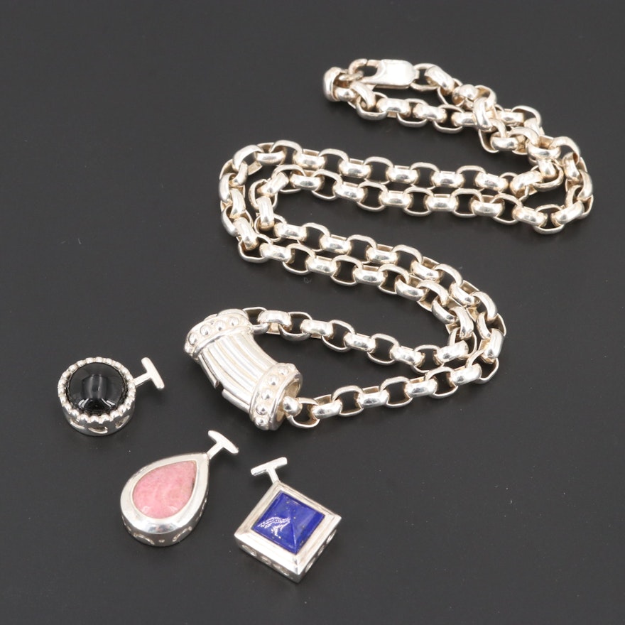 Sterling Slide Necklace with Black Onyx, Rhodonite and Lapis Lazuli Pendants