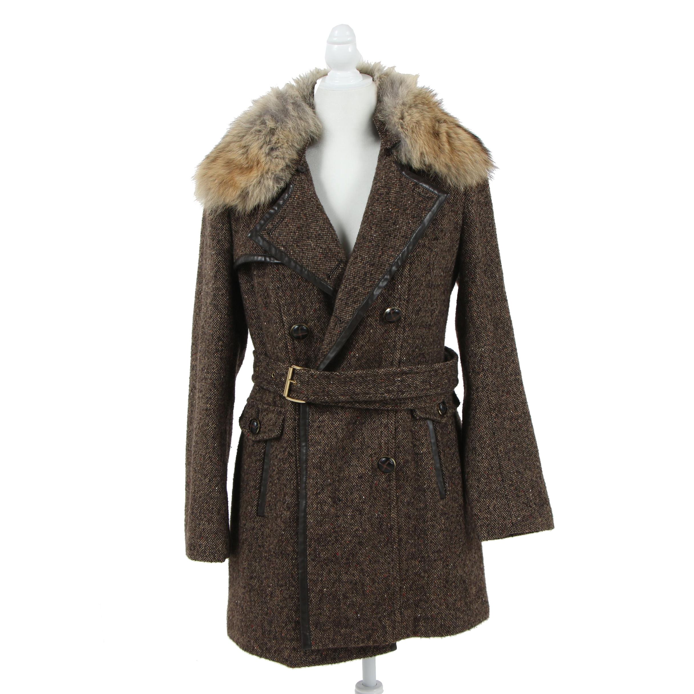 MICHAEL Michael Kors Double-Breasted Tweed Coat with Coyote Fur Collar