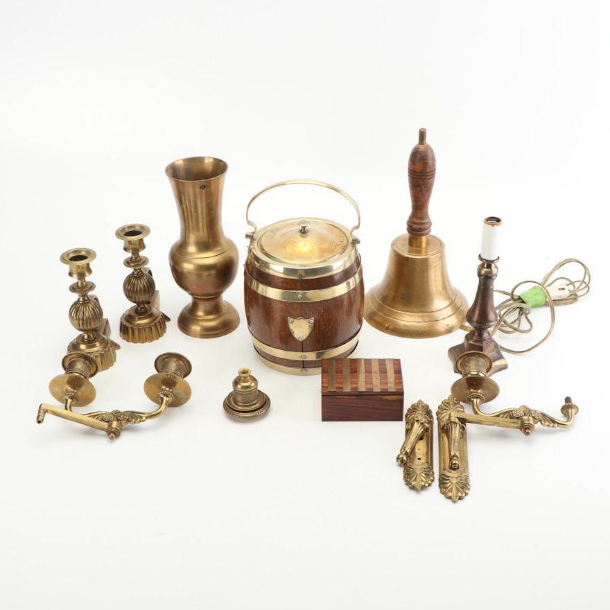 Brass Home Décor including School Bell and Candle Sconces