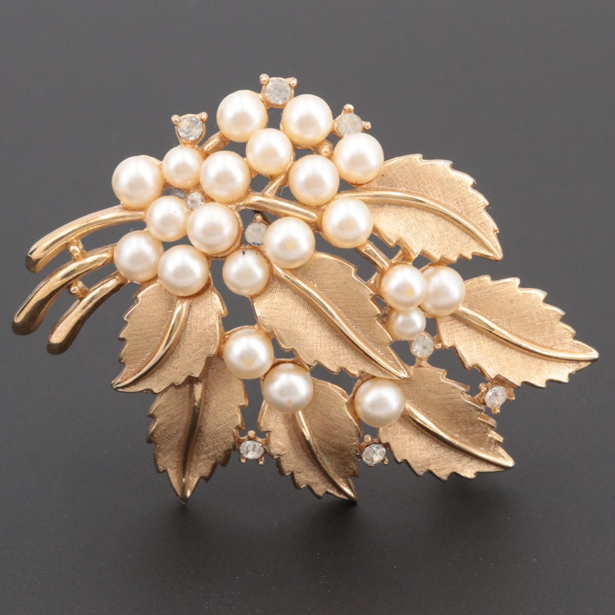 Trifari Gold Tone Imitation Pearl and Glass Floral Motif Brooch