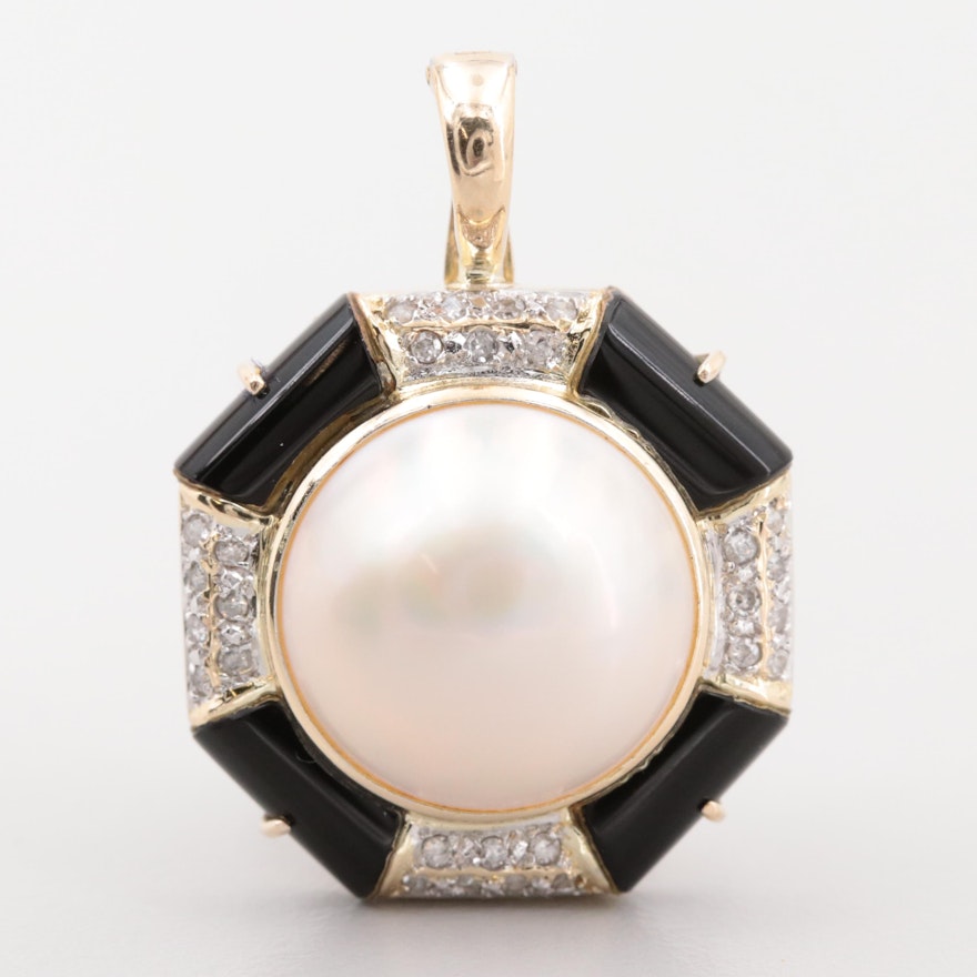 14K Yellow Gold Cultured Pearl, Obsidian and Diamond Enhancer Pendant