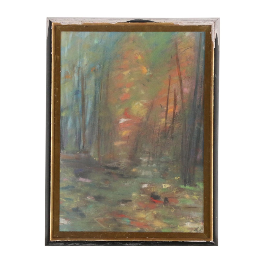 Mid 20th Century Abstract Pastel Drawing of Woodland