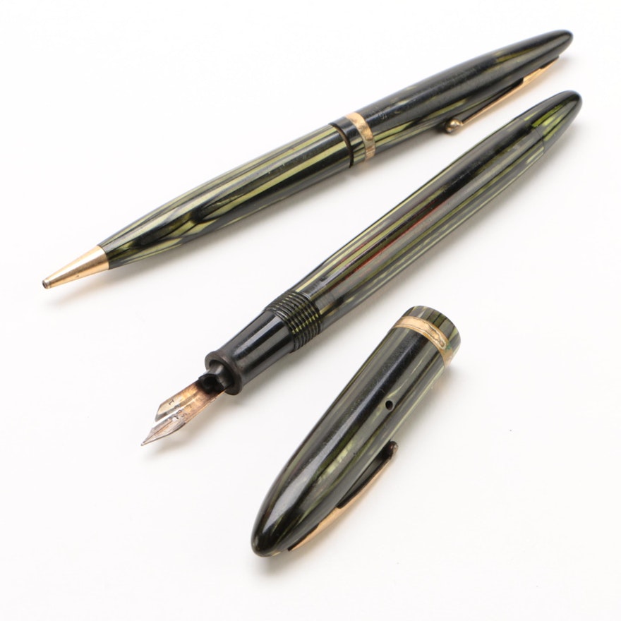 Sheaffer Green Striated Resin Fountain Pen and Pencil Set, Early 20th Century