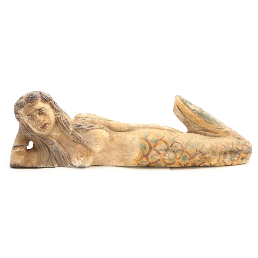 Folk Art Style Carved and Polychromed Wooden Mermaid Statuette