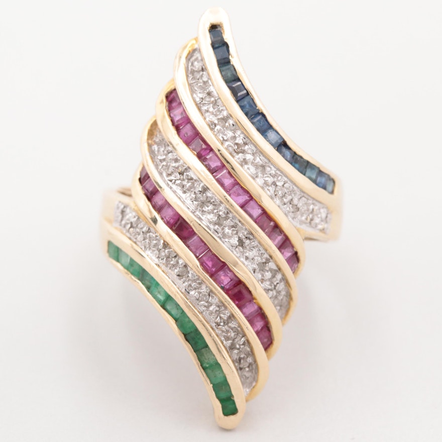 14K Yellow Gold Diamond, Ruby, Blue Sapphire and Emerald Ring