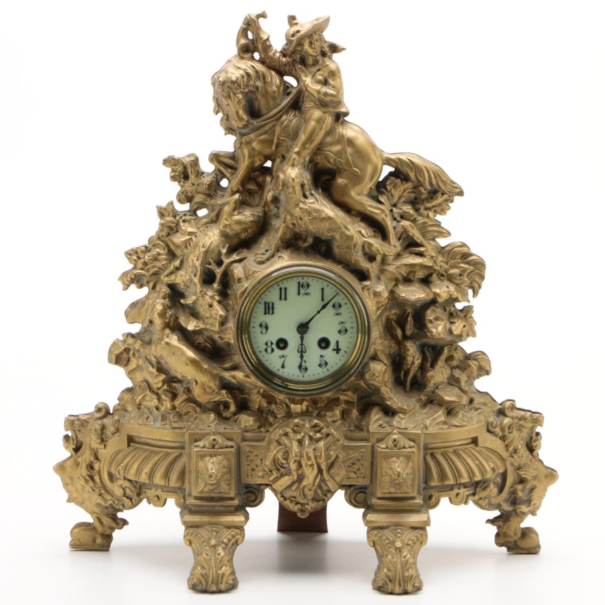 Japy Freres et Cie Gilt Cast Iron Hunting Scene Mantel Clock, Circa 1895