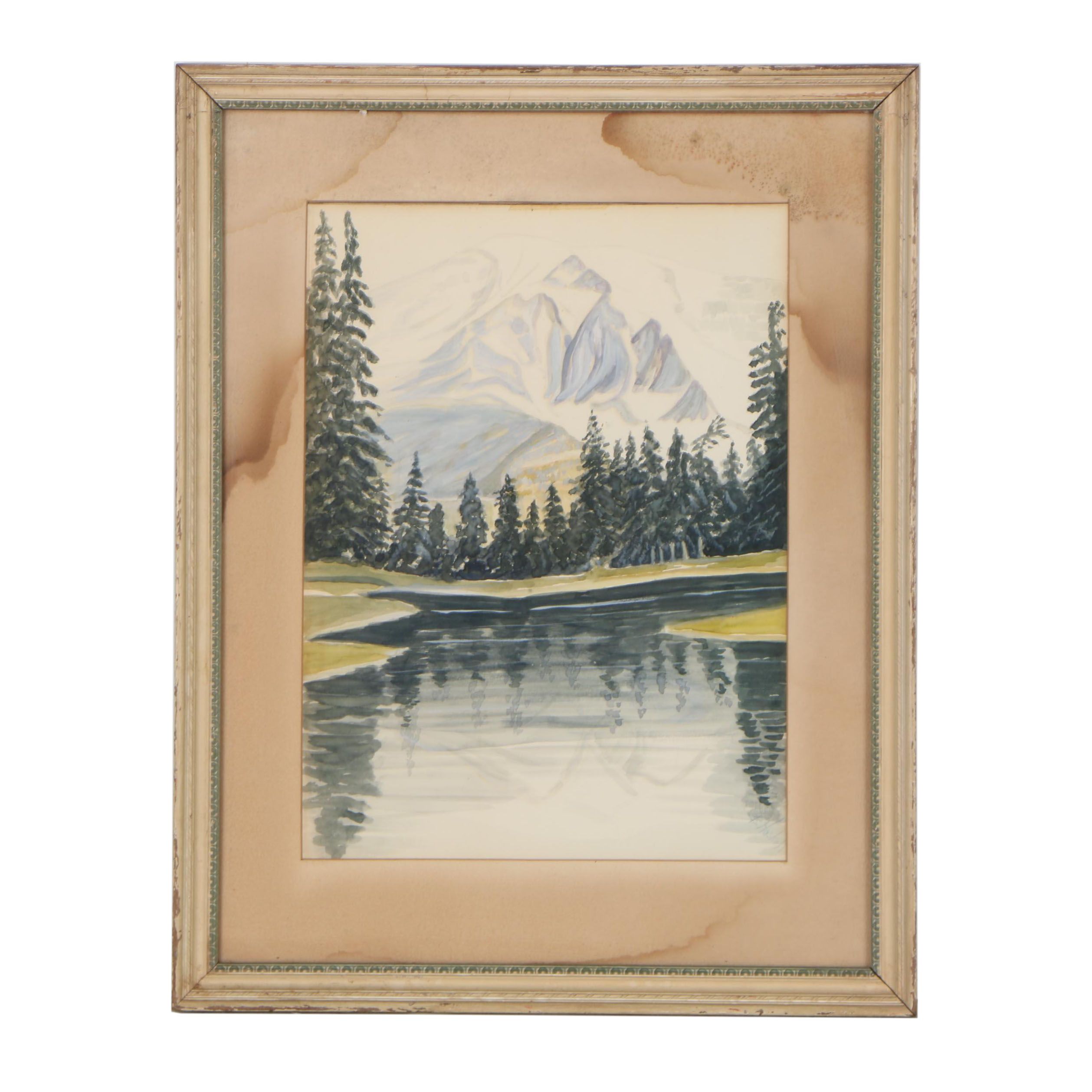 Bertha Haskell Gouache Painting "Mt. Rainier Reflected in Fairy Lake"