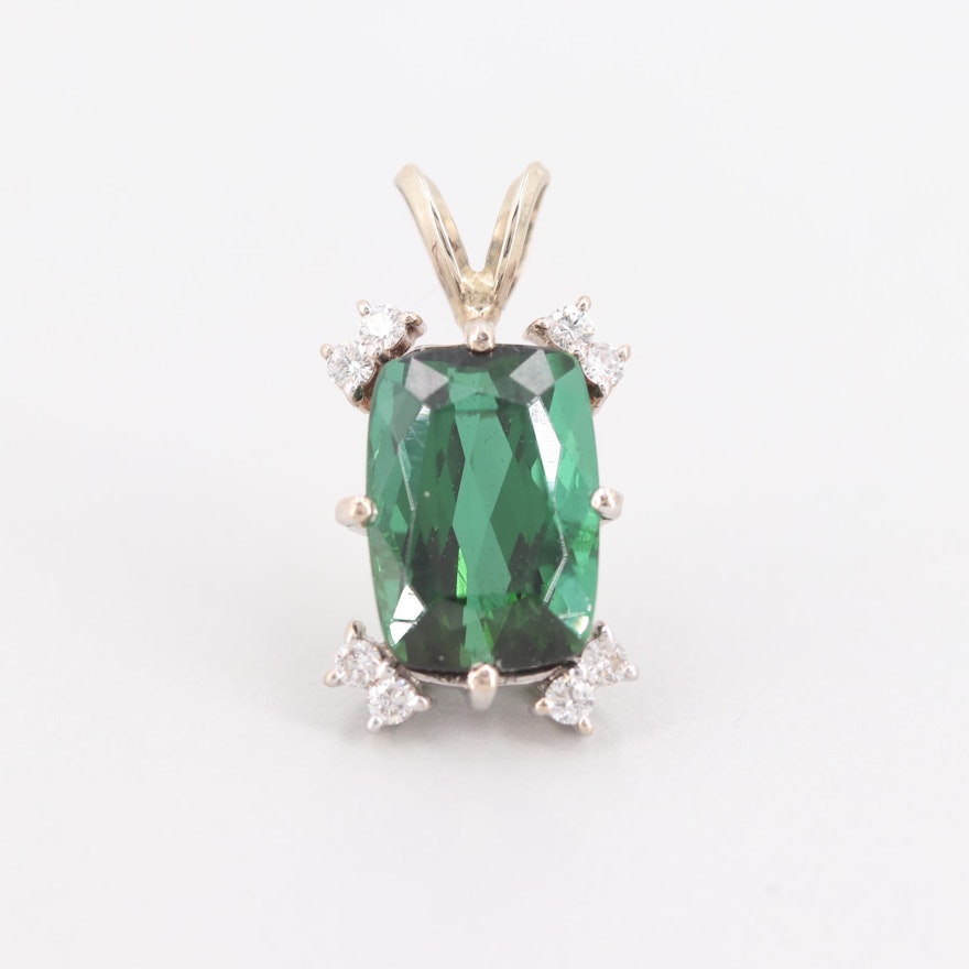 14K White Gold 4.17 CT Green Tourmaline and Diamond Pendant