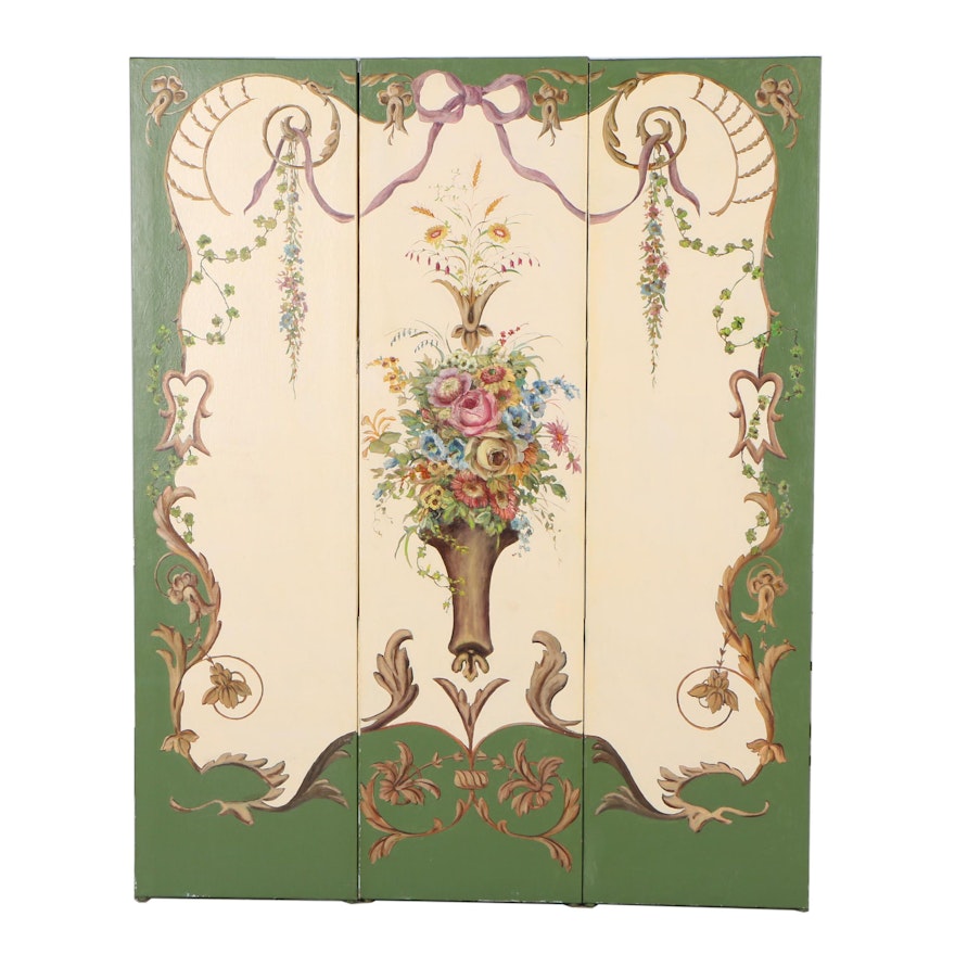 Rococo Style Hand-Painted Canvas Room Divider, 20th Century