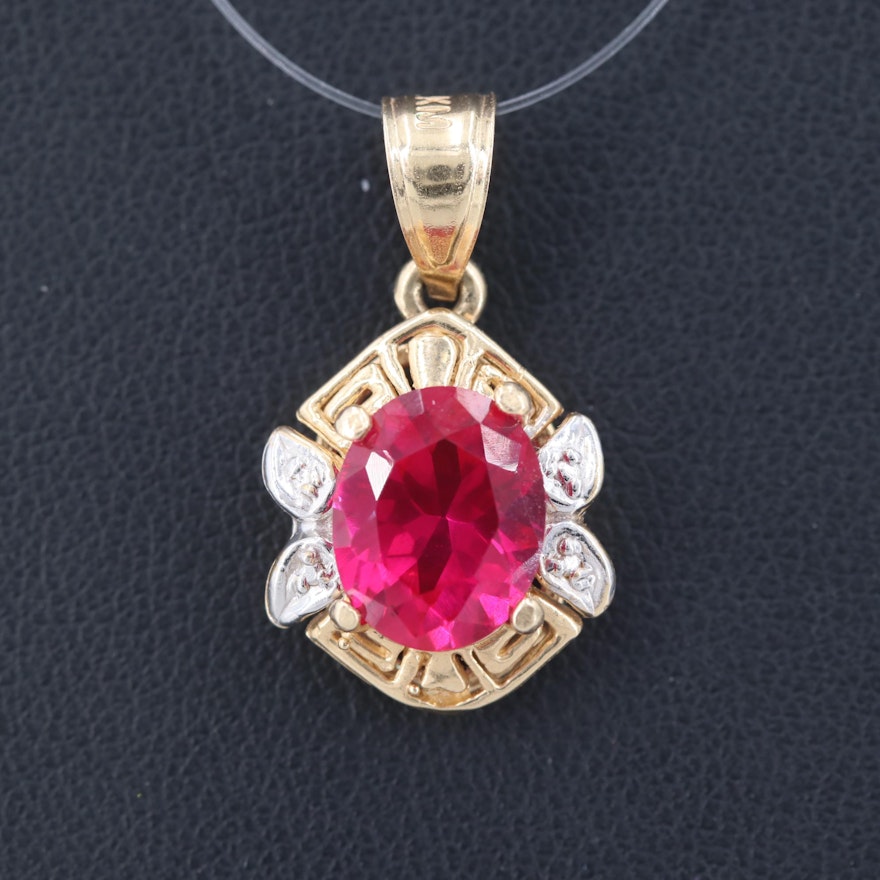 14K Yellow Gold Synthetic Ruby Pendant with 14K White Gold Accents