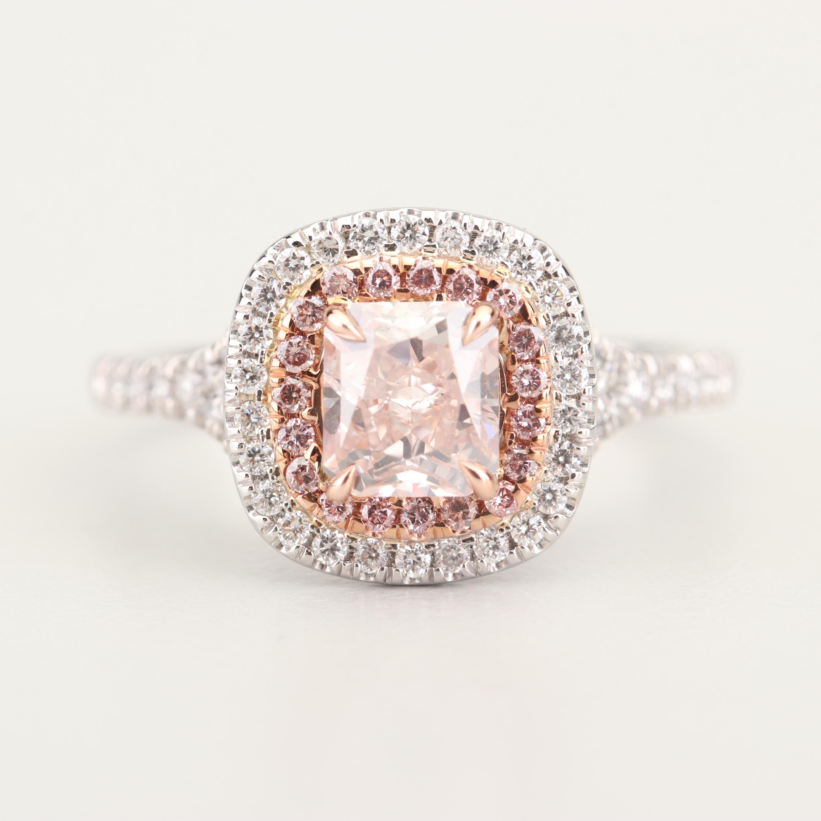 Platinum Fancy Light Orangy Pink Diamond and Diamond Ring with GIA Report