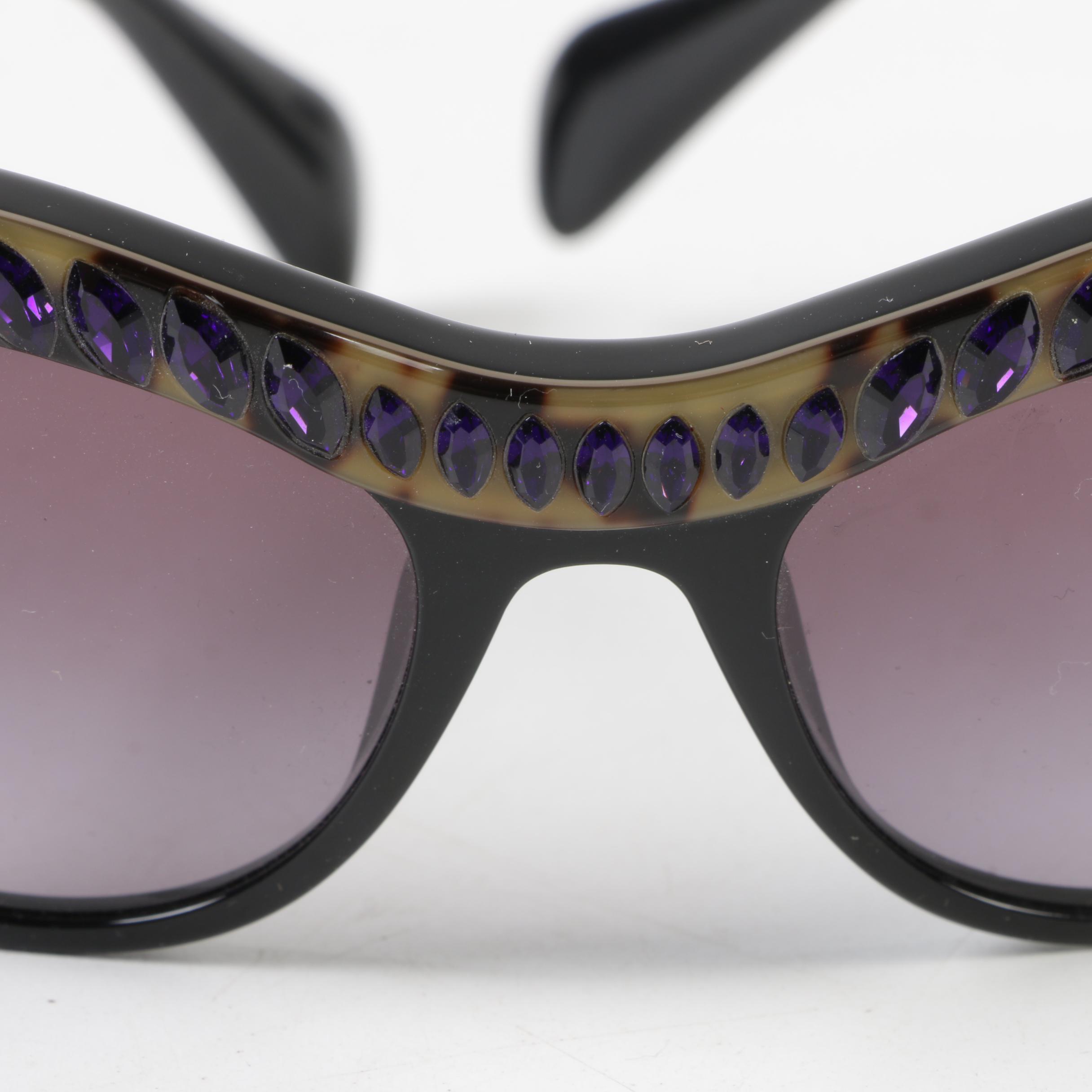 Prada SPR 04P Embellished Black Modified Cat Eye Sunglasses
