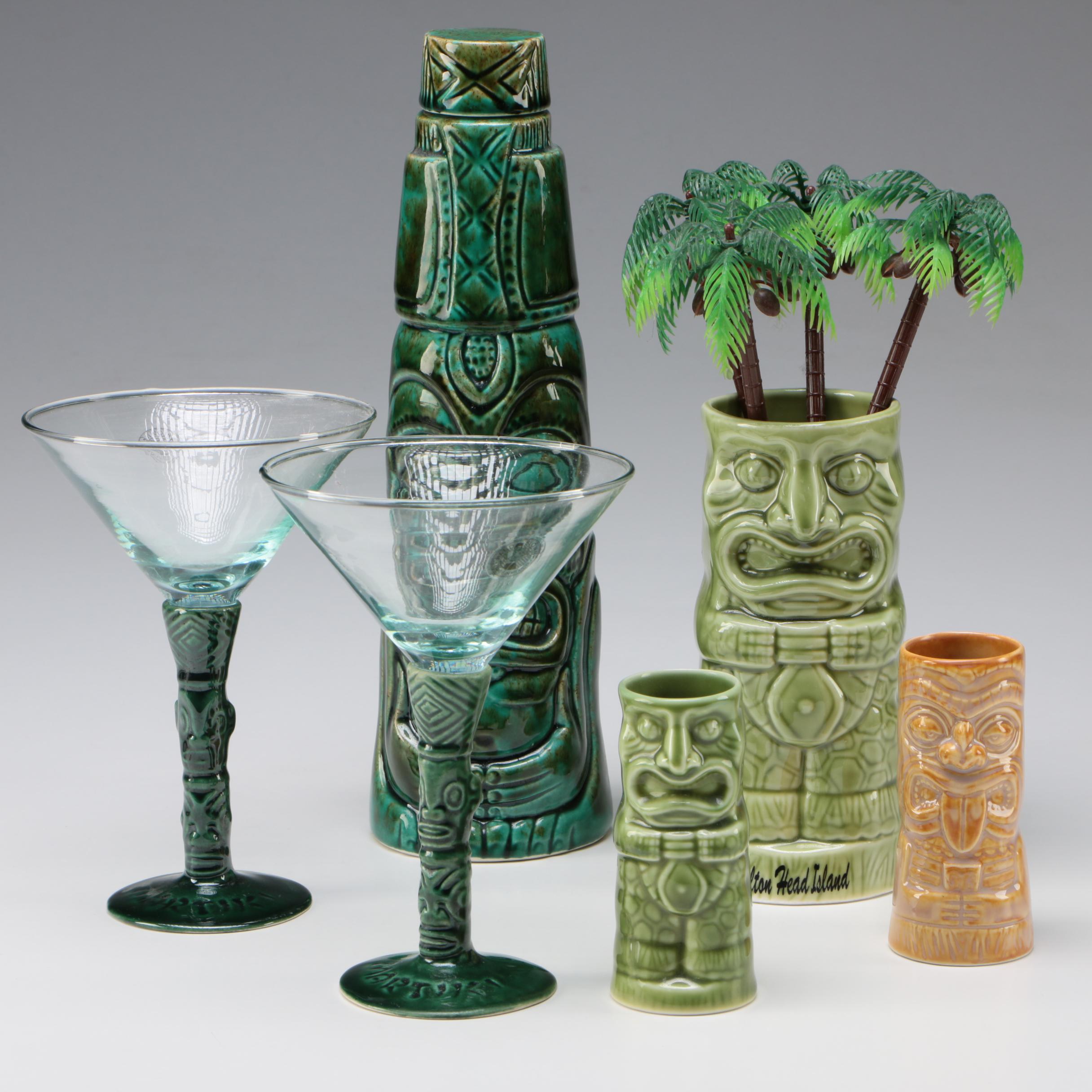 Ceramic Tiki Themed Decanter, Martini Glasses, Shot Glasses, and more
