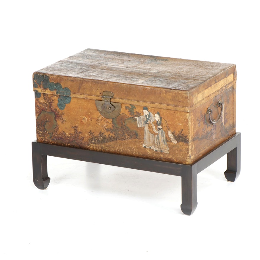 Chinese Painted Leather Covered Wood Trunk, Circa 1900