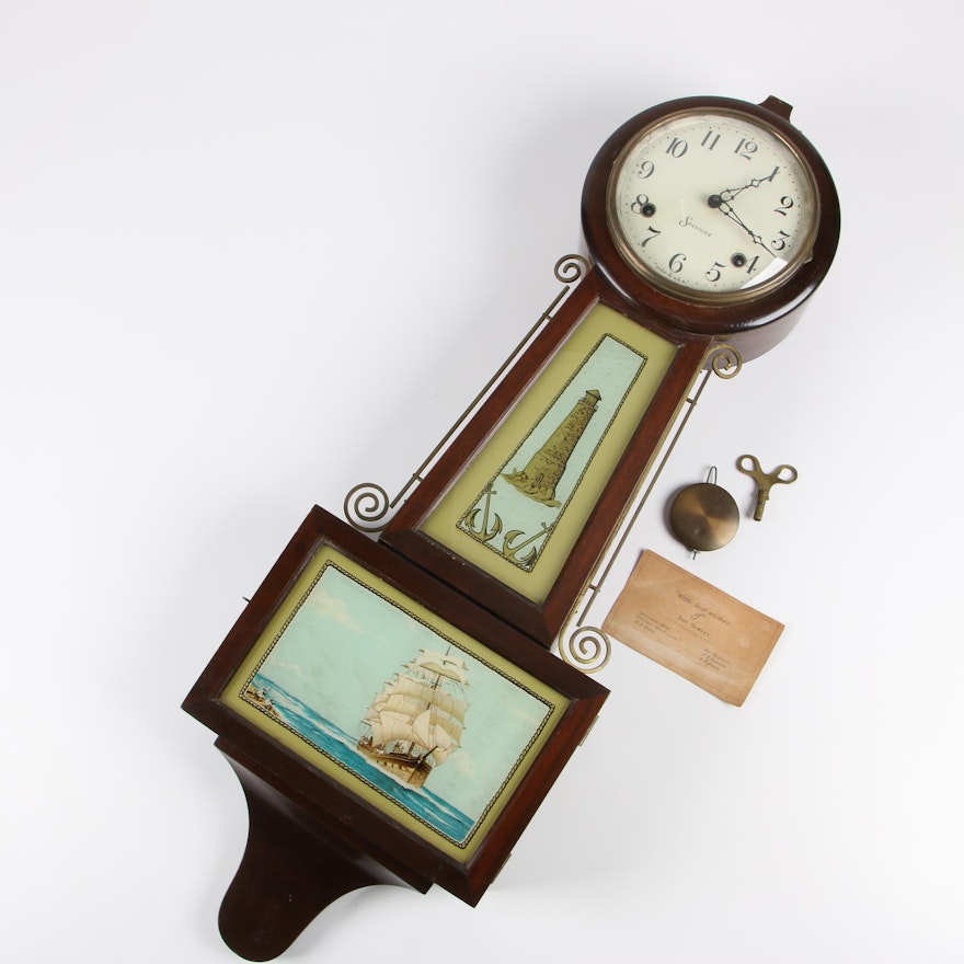 Sessions Walnut Stained Banjo Clock with Nautical Tablets, Late 19th Century