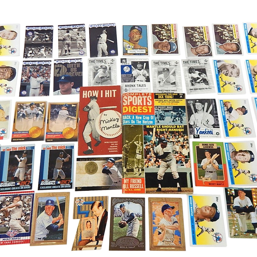 Forty (HOF) Mickey Mantle Baseball Cards with Archive and Inserts, and Books