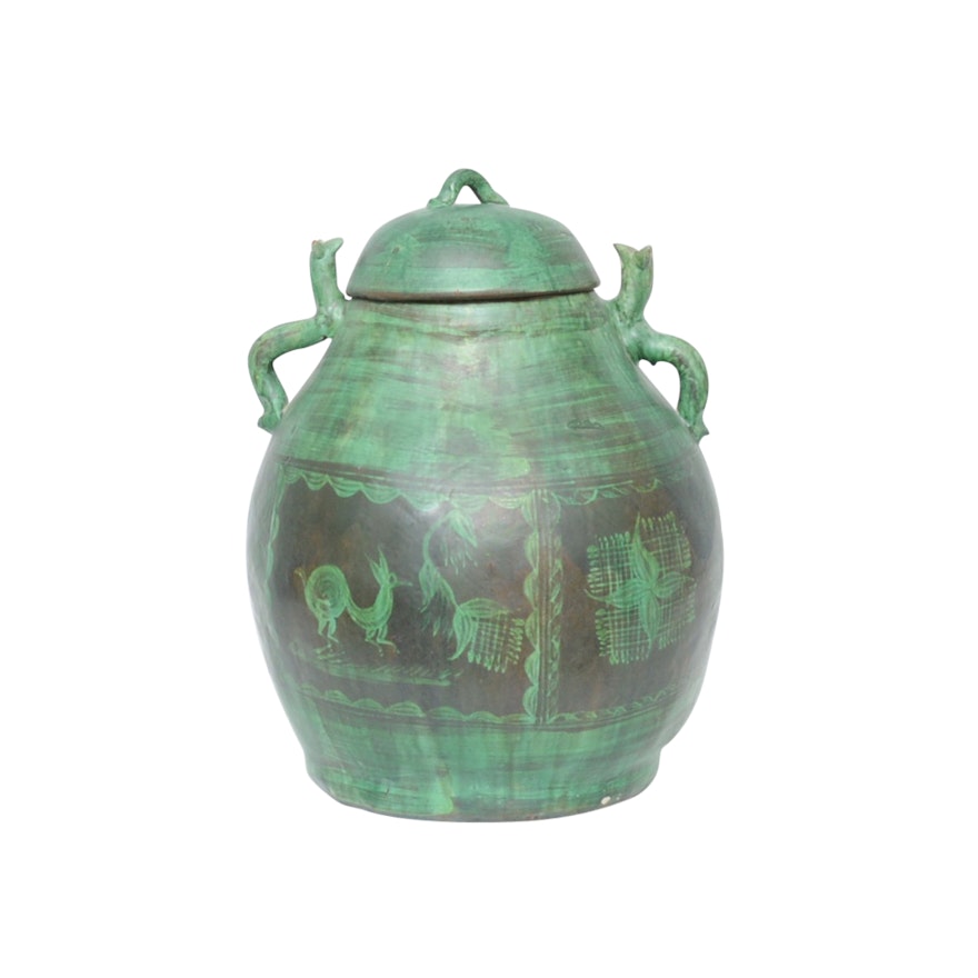 Mexican Terracotta Lidded Jar with Animal Fetish Handles