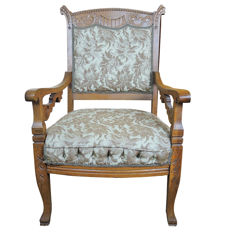 Carved Eastlake Style Oak Upholstered Armchair Late 19th Century