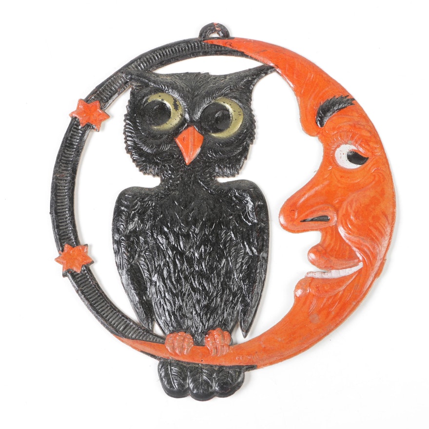 German Pressed Cardboard Owl and Moon Halloween Decoration, Early 20th Century