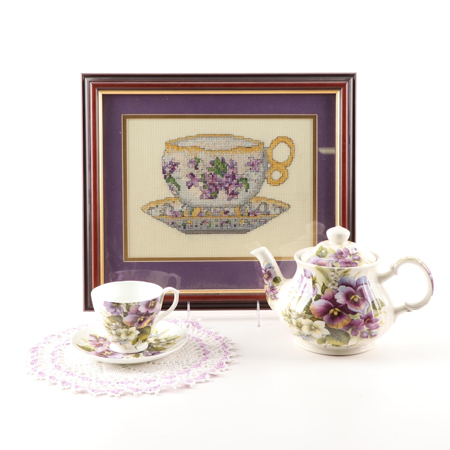 Royal Cuthbertson Teapot, Teacup, Saucer, Doily and Framed Cross Stitch