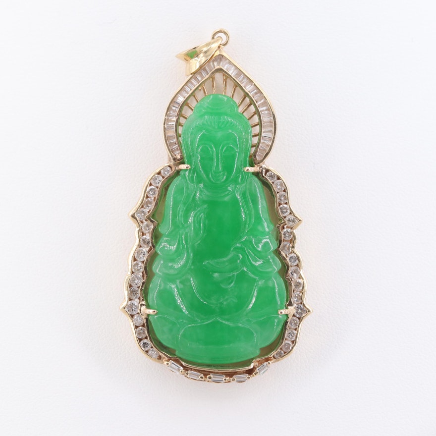14K Yellow Gold 1.49 CTW Diamond and Carved Jadeite Guanyin Pendant