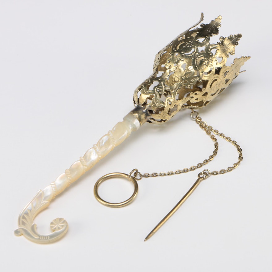 Gold Washed Tussie Mussie Posy Holder with Mother of Pearl Handle, 19th Century
