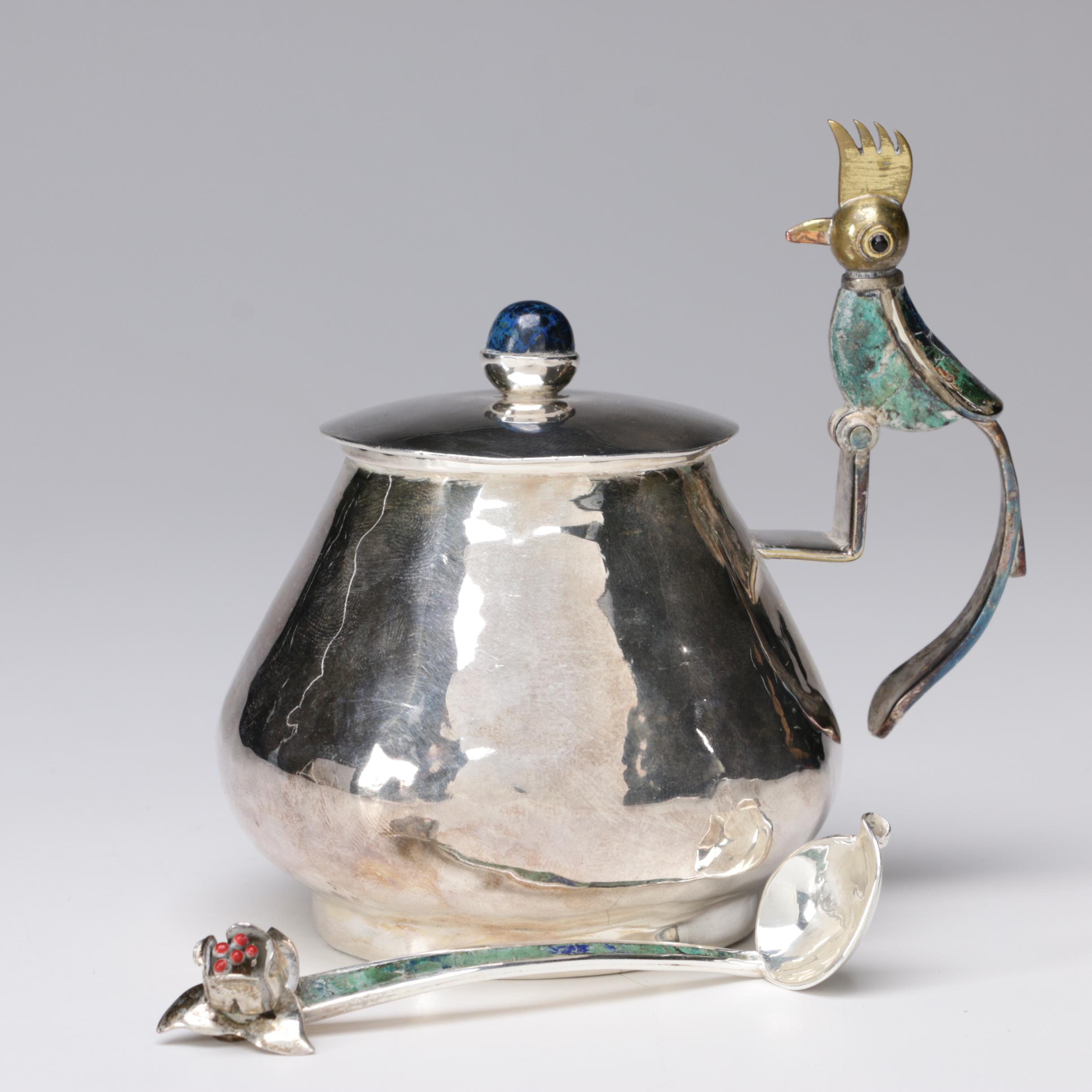 Los Castillo Silver Plate with Malachite and Lapis Bird Motif Sugar Bowl, 1940s