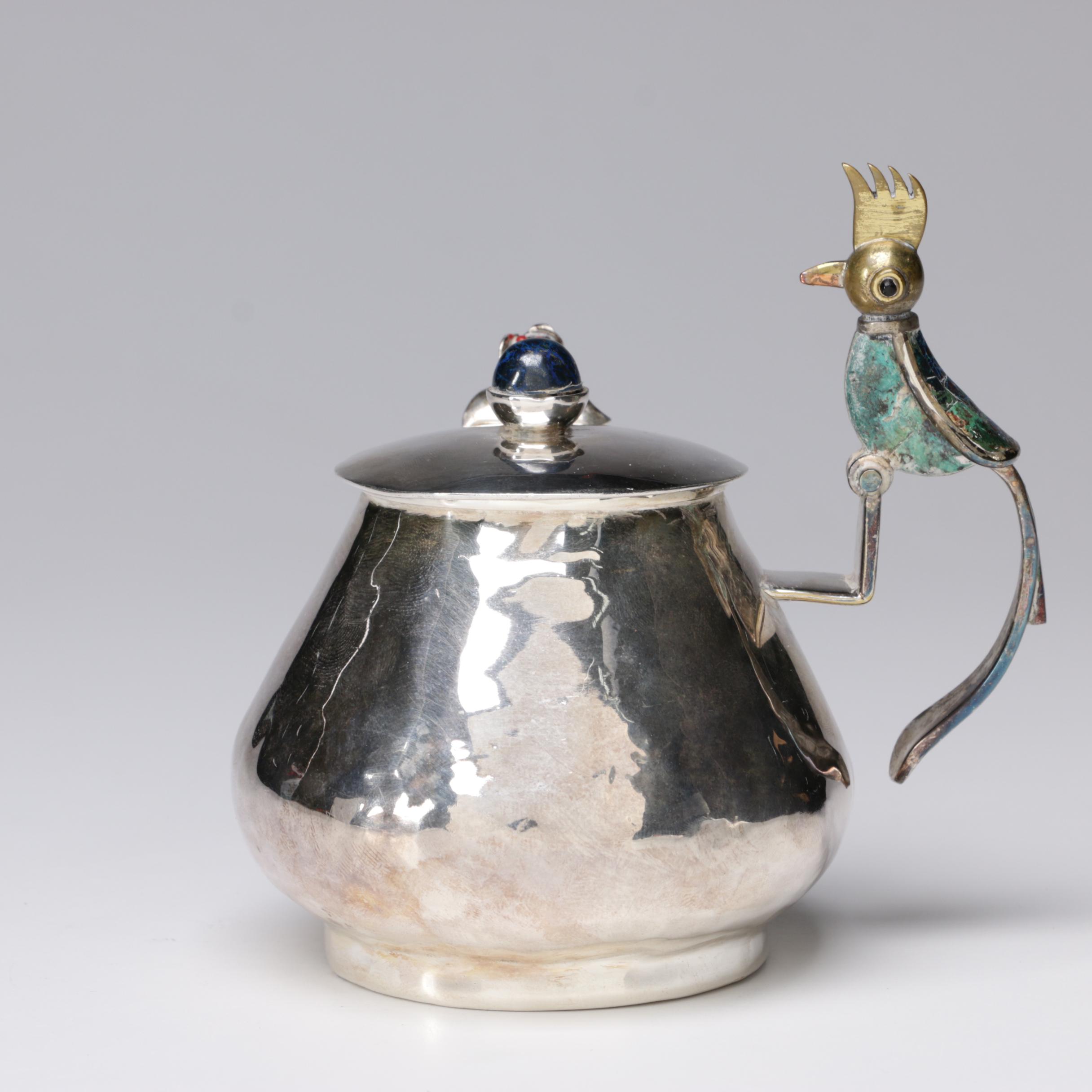 Los Castillo Silver Plate with Malachite and Lapis Bird Motif Sugar Bowl, 1940s