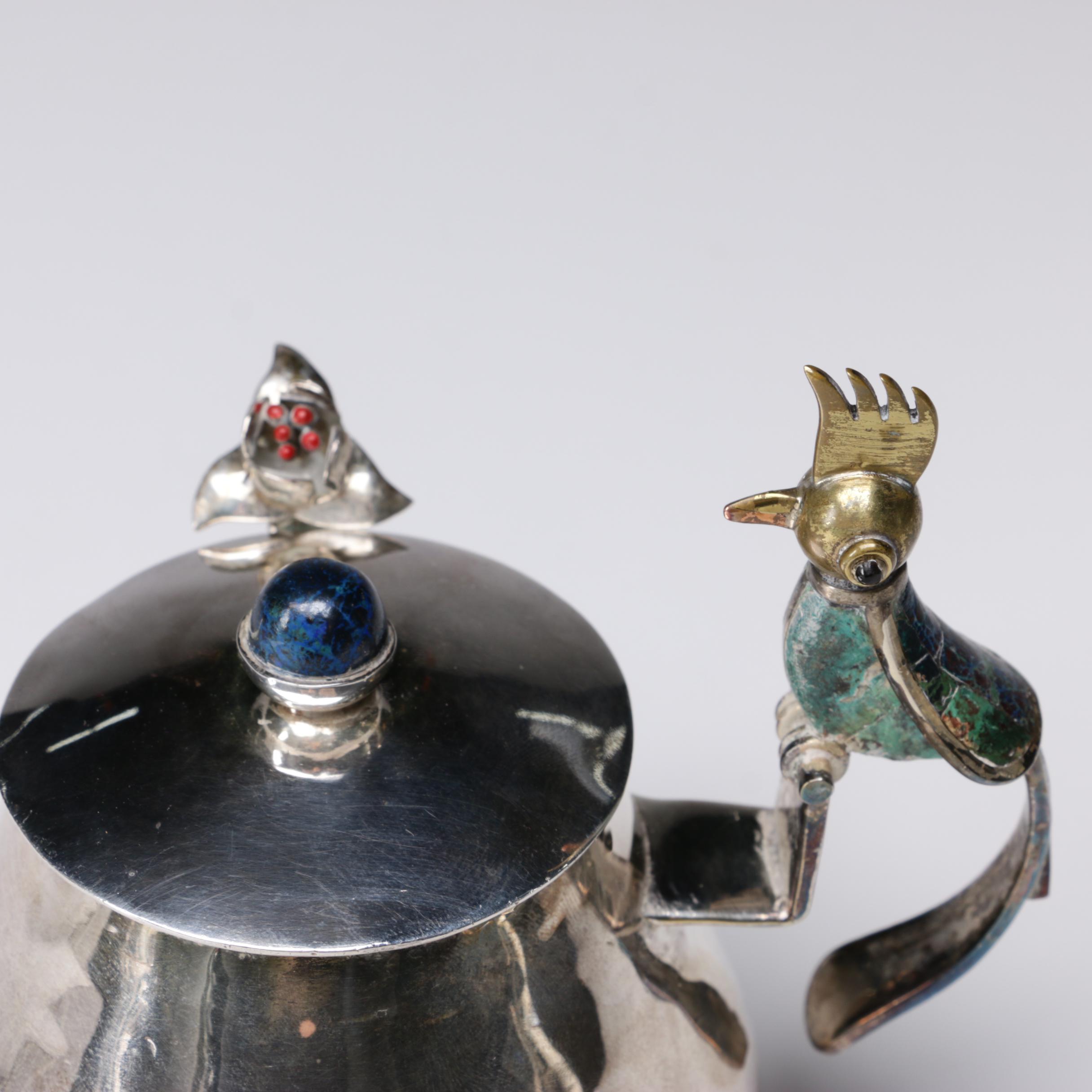 Los Castillo Silver Plate with Malachite and Lapis Bird Motif Sugar Bowl, 1940s