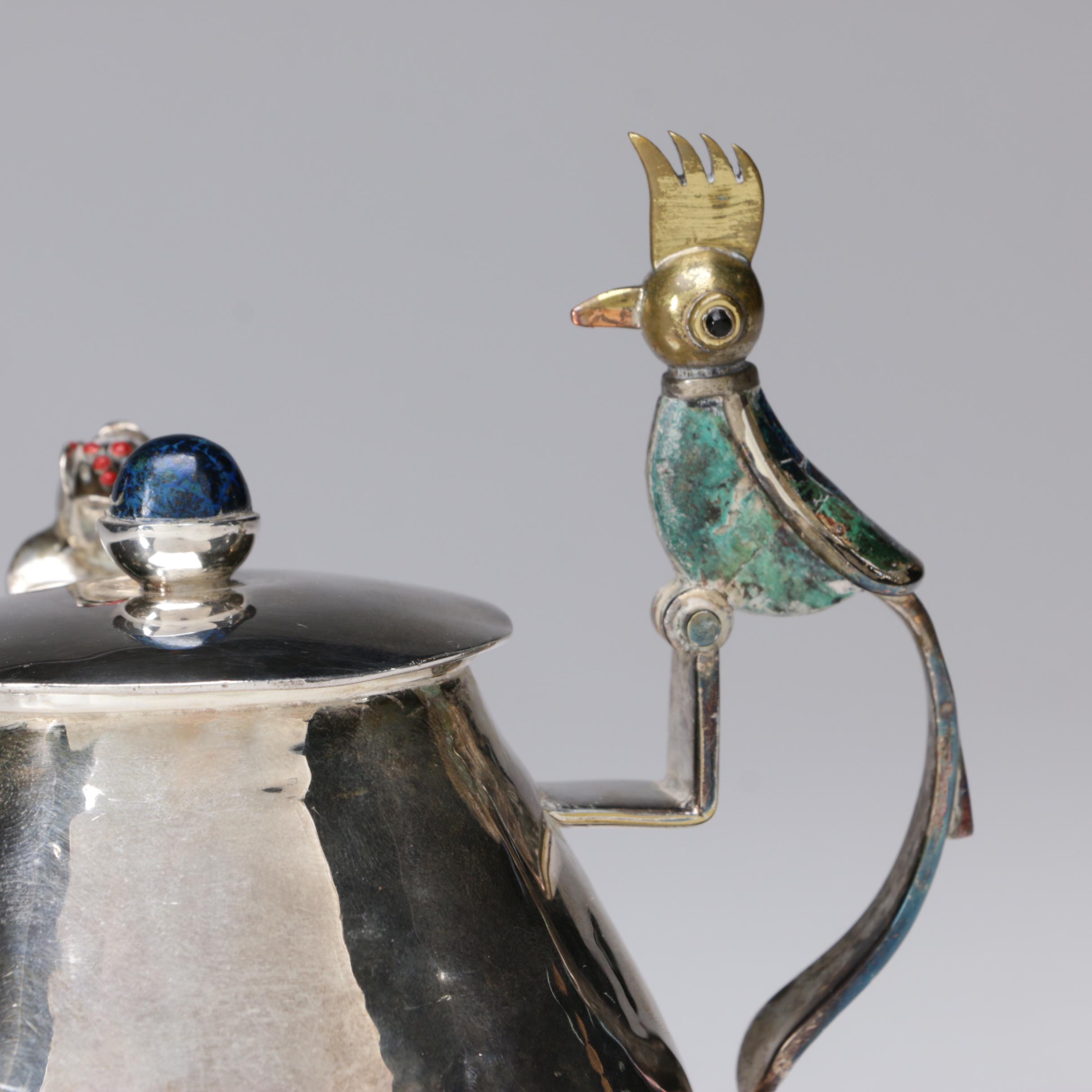 Los Castillo Silver Plate with Malachite and Lapis Bird Motif Sugar Bowl, 1940s