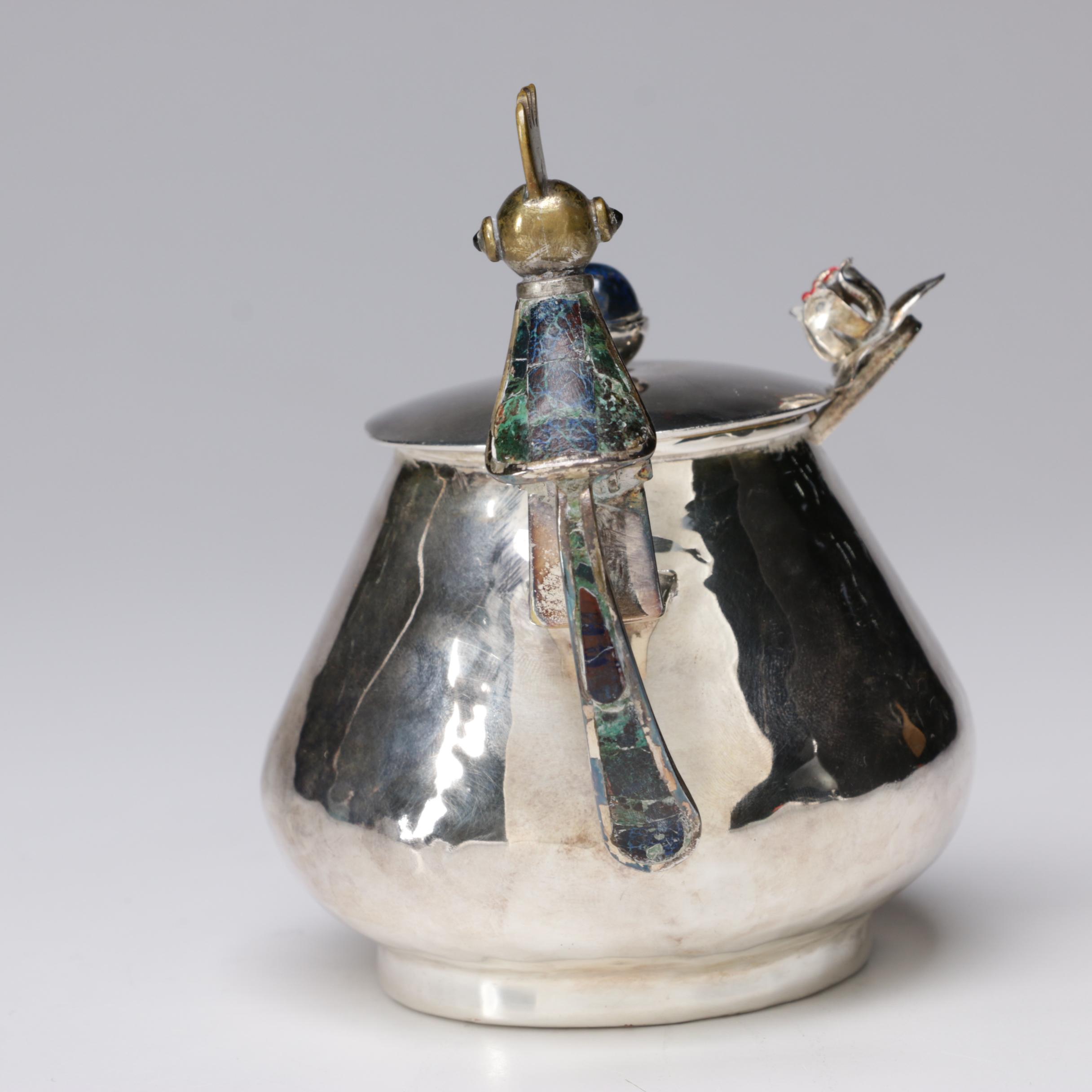 Los Castillo Silver Plate with Malachite and Lapis Bird Motif Sugar Bowl, 1940s