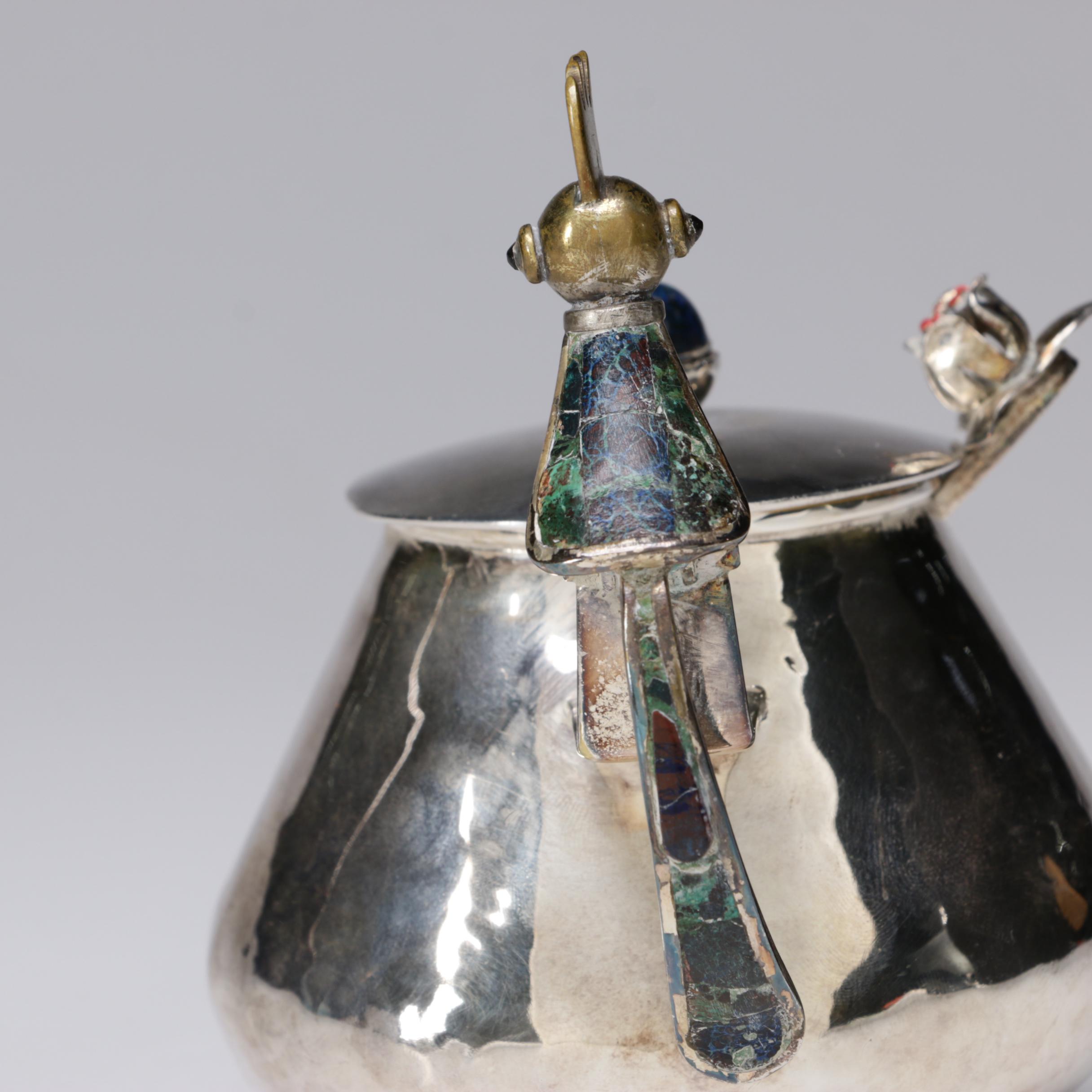 Los Castillo Silver Plate with Malachite and Lapis Bird Motif Sugar Bowl, 1940s