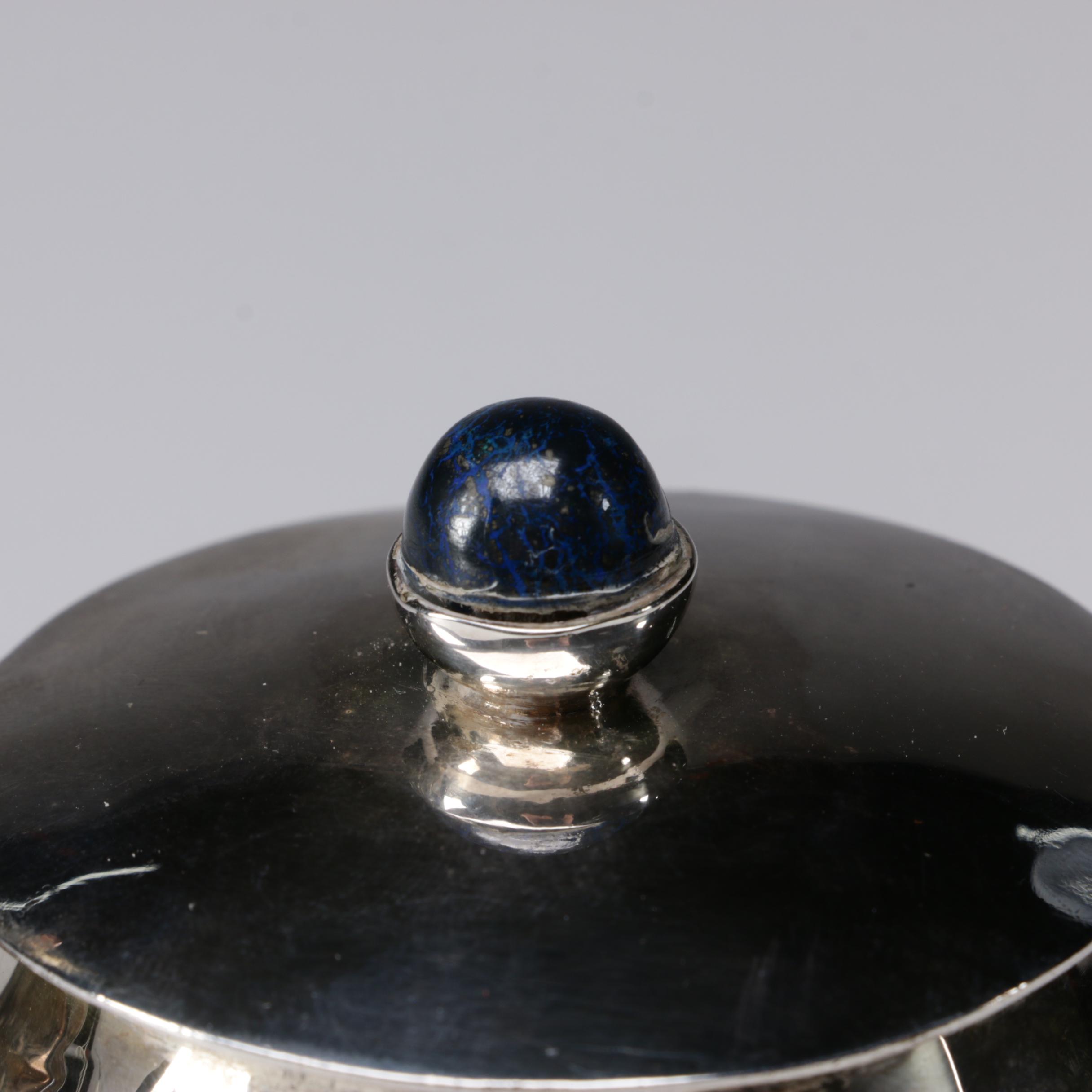 Los Castillo Silver Plate with Malachite and Lapis Bird Motif Sugar Bowl, 1940s