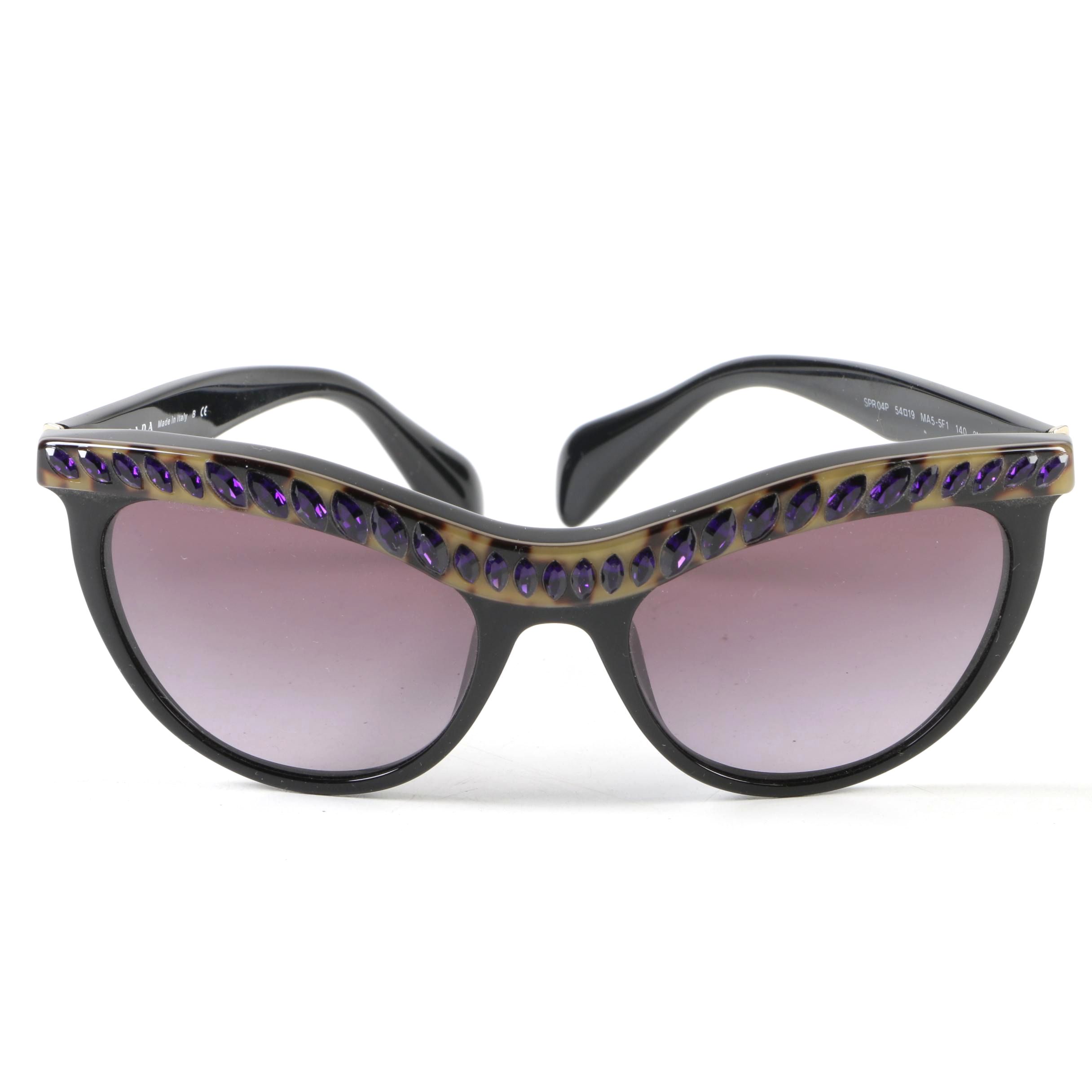 Prada SPR 04P Embellished Black Modified Cat Eye Sunglasses