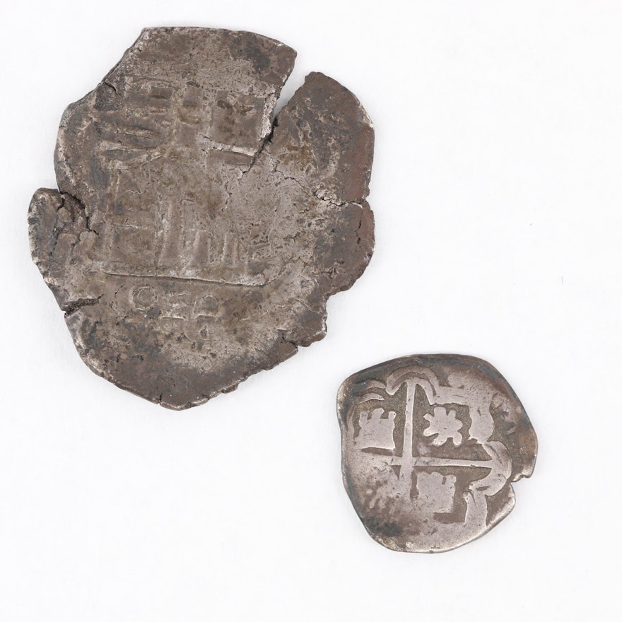 Two Spanish Colonial Silver Cob Coins, 4 Reales and 1 Reale, ca. 1600s