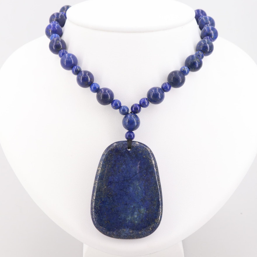 Sterling Silver Lapis Lazuli Bead Necklace and Pendant