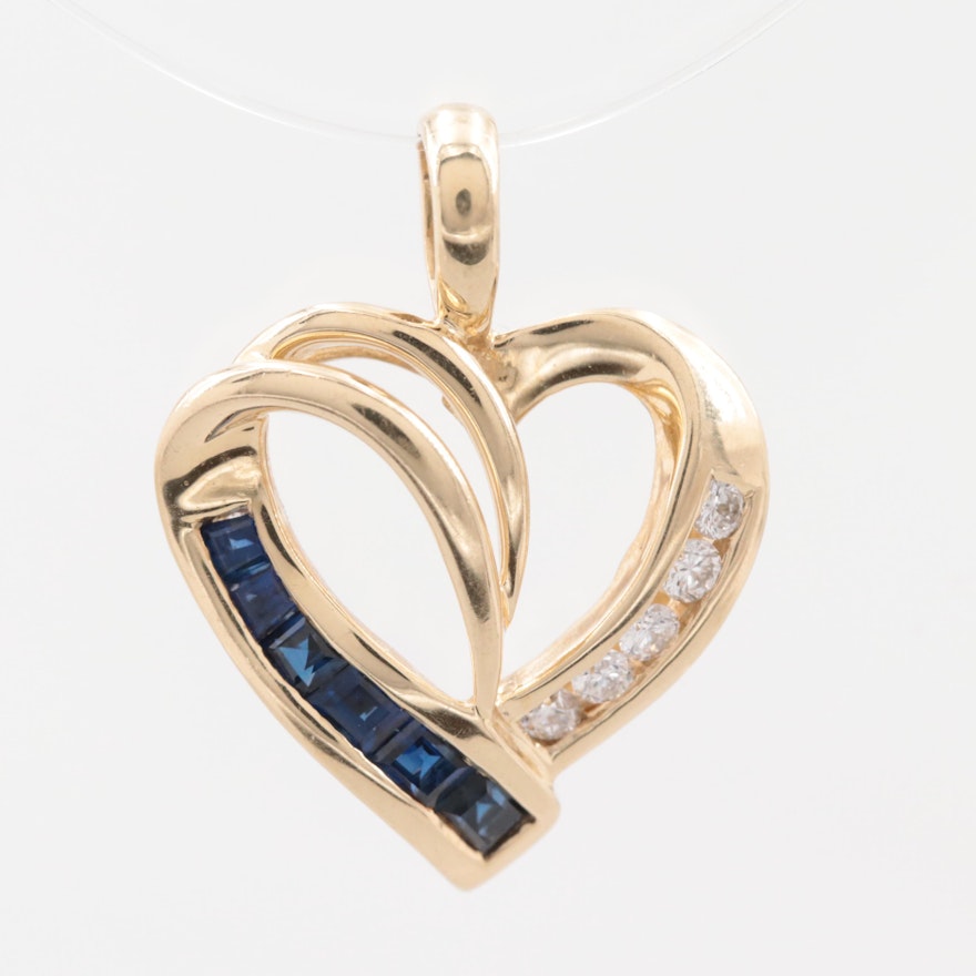 14K Yellow Gold Diamond and Blue Sapphire Heart Pendant