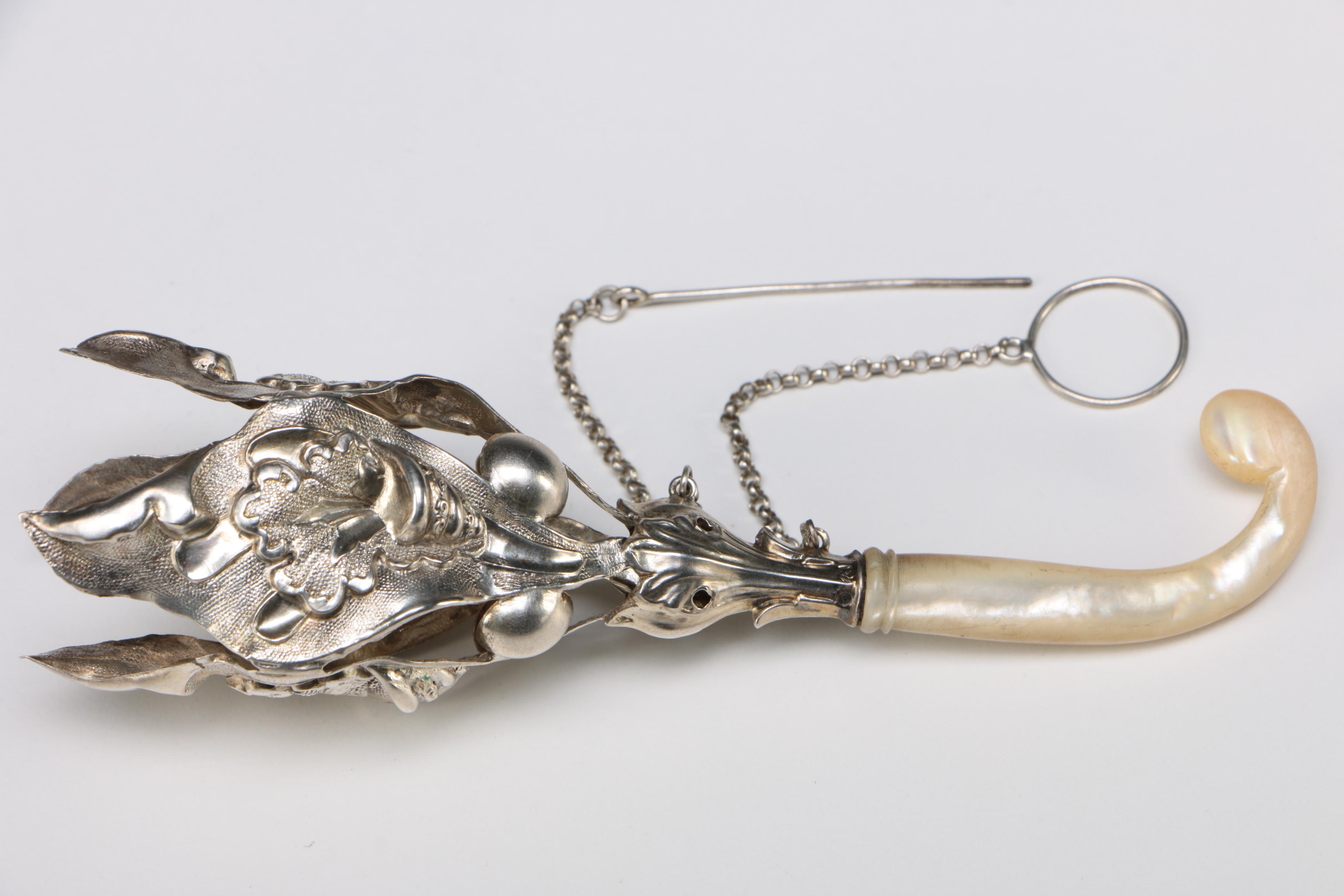 813 Silver Tussie Mussie Posy Holder with Mother of Pearl Handle, 19th Century