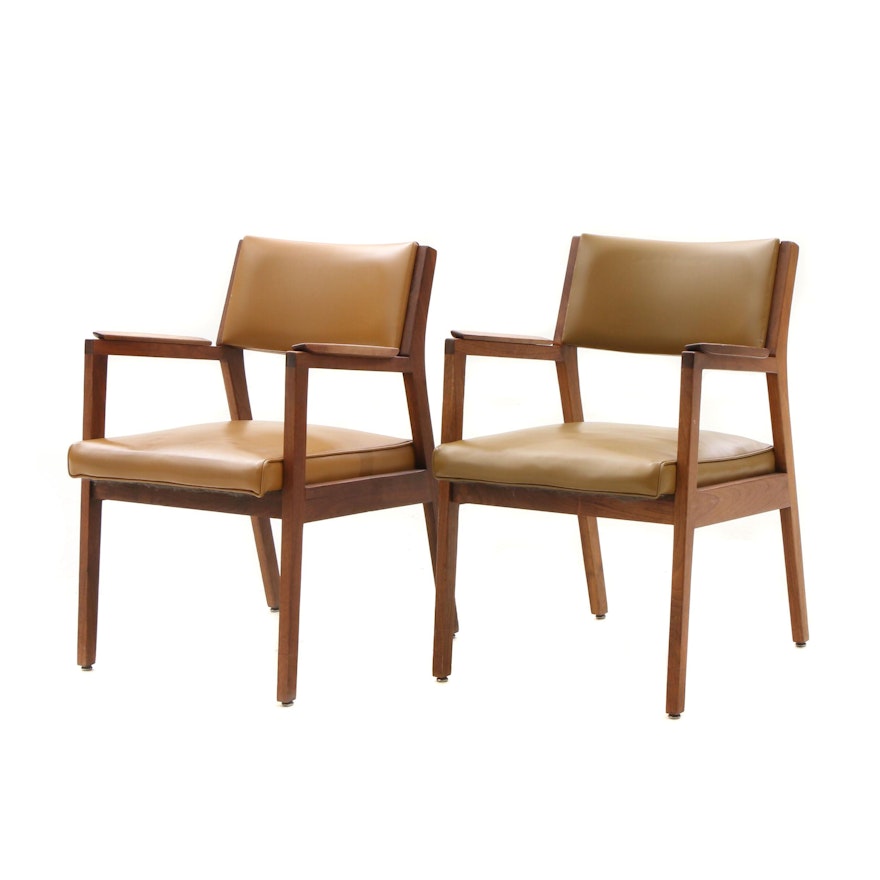 Mid Century Modern Vinyl Upholstered Walnut Frame Arm Chairs by Alma