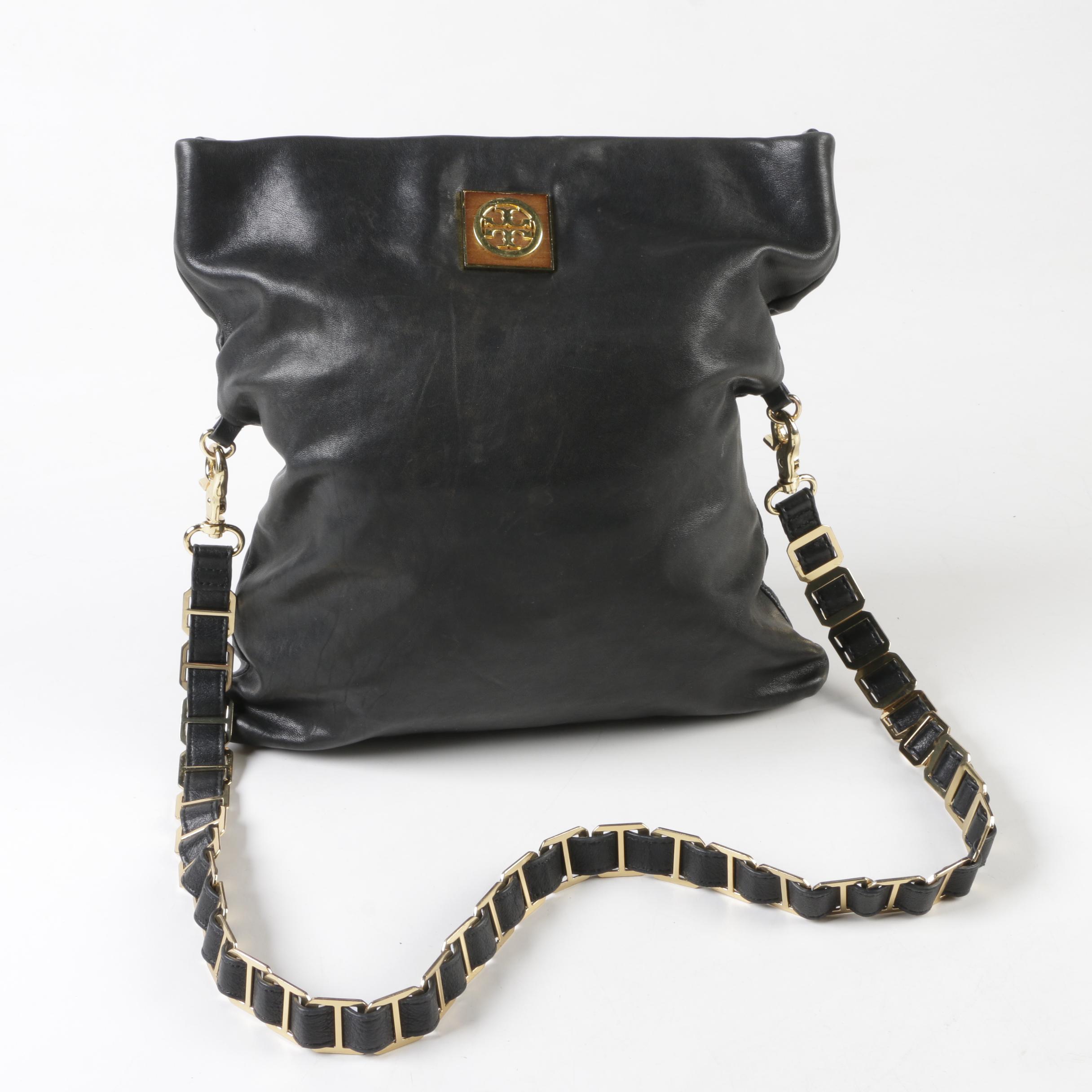 Tory Burch Black Leather Foldover Hobo Bag