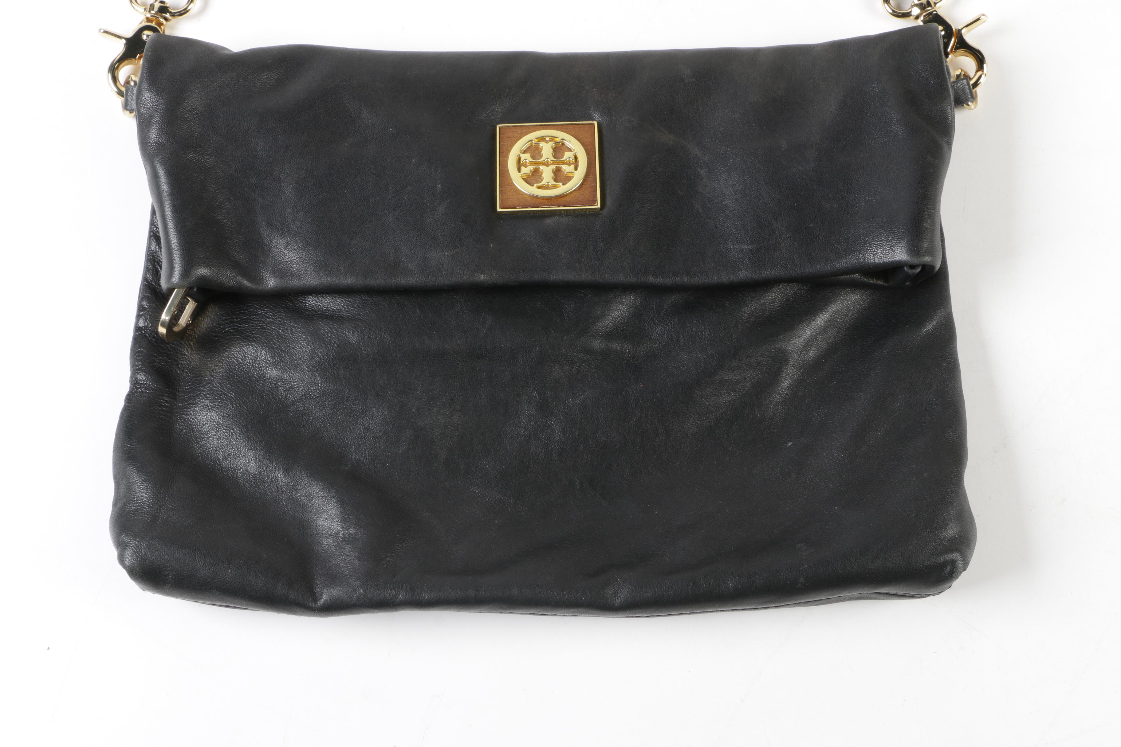 Tory Burch Black Leather Foldover Hobo Bag