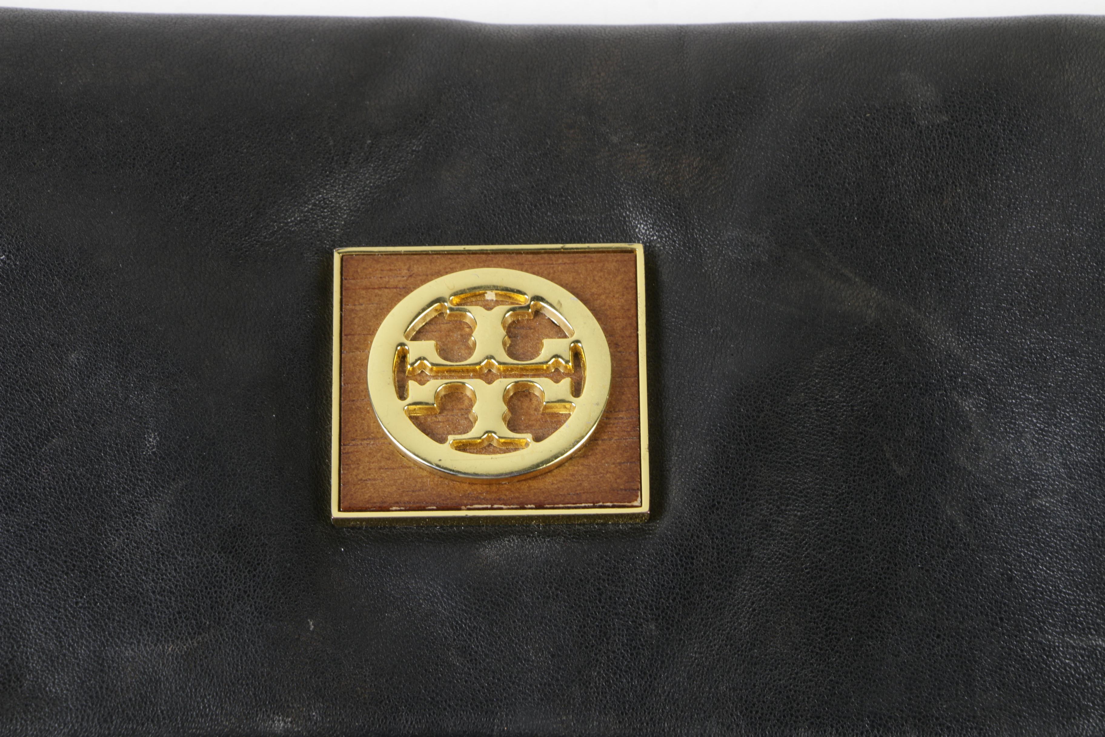 Tory Burch Black Leather Foldover Hobo Bag