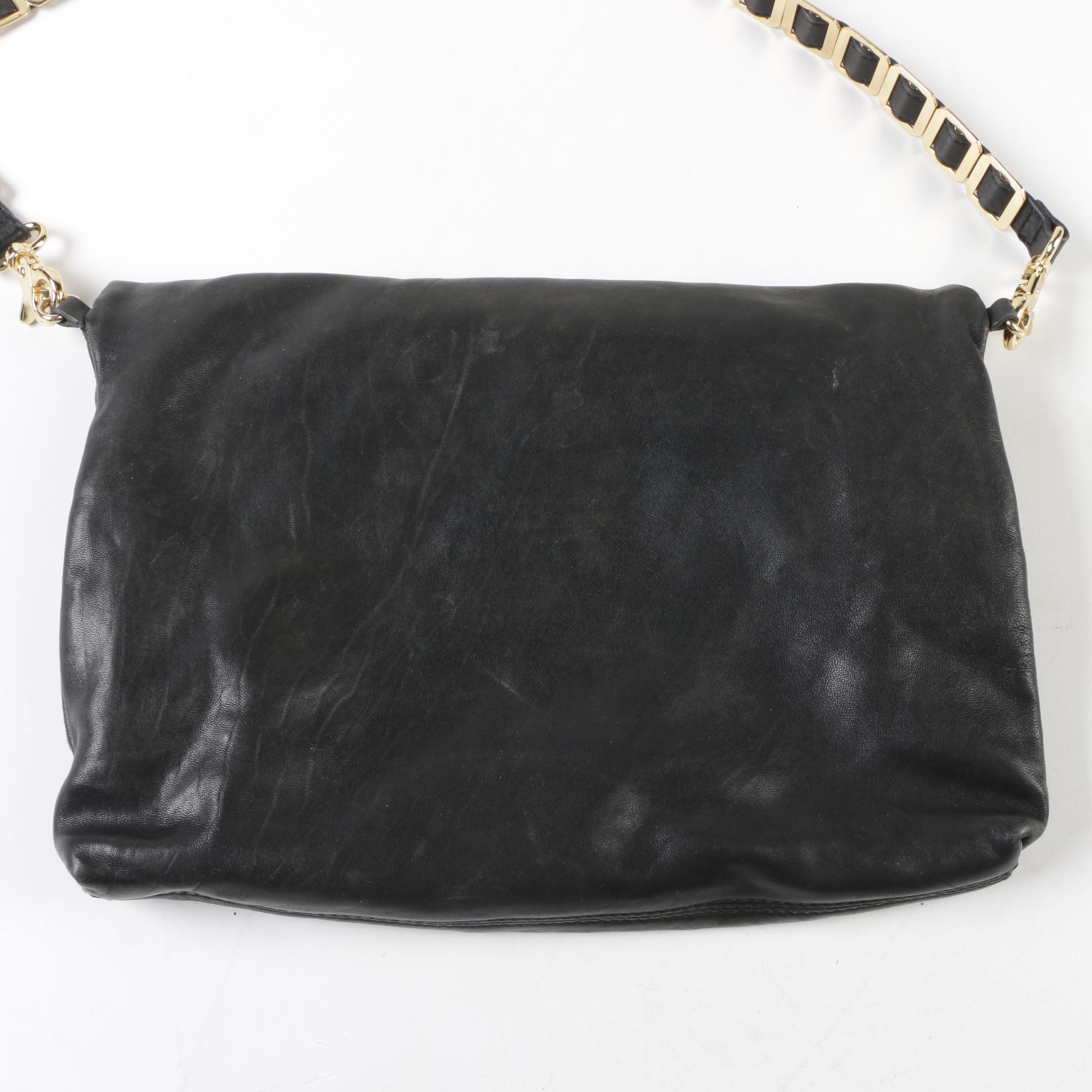 Tory Burch Black Leather Foldover Hobo Bag