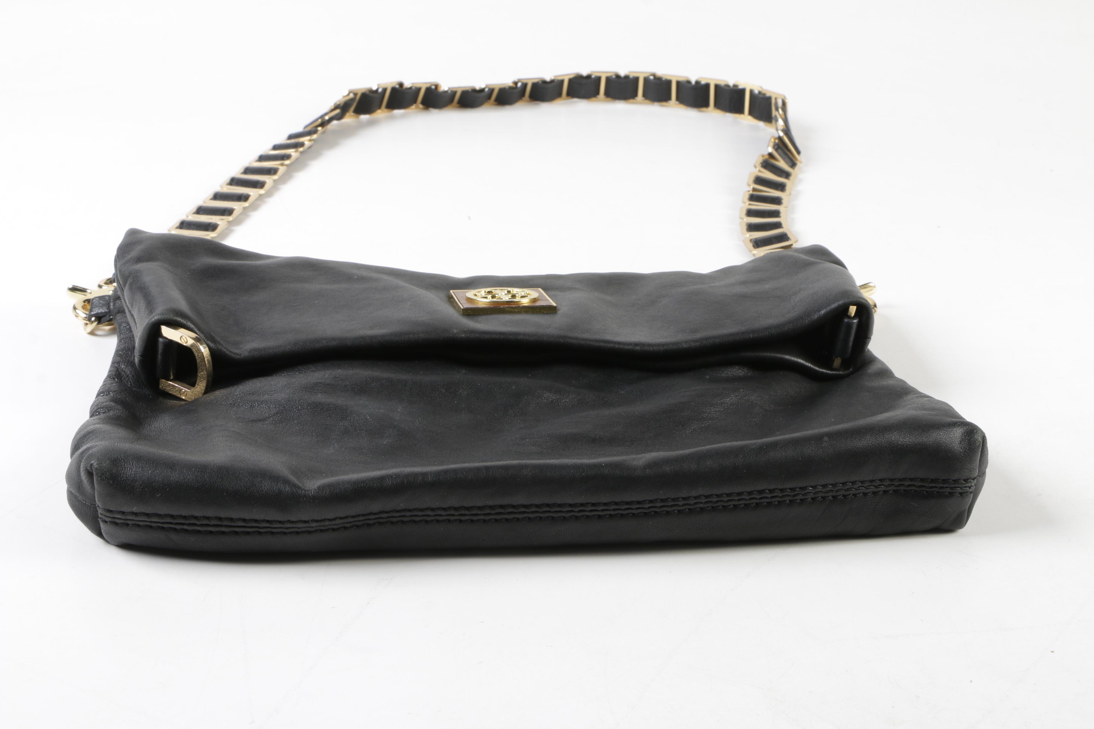 Tory Burch Black Leather Foldover Hobo Bag