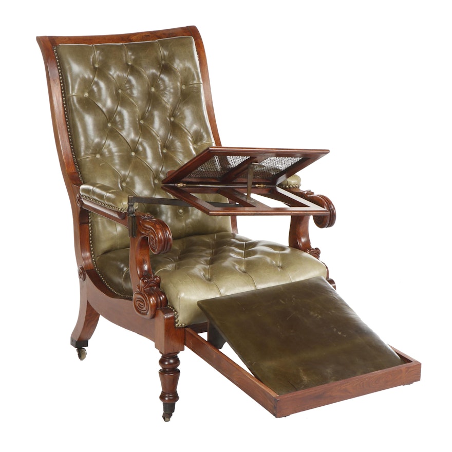 George IV Walnut Tufted Leather Reading Armchair with Footrest, Circa 1840